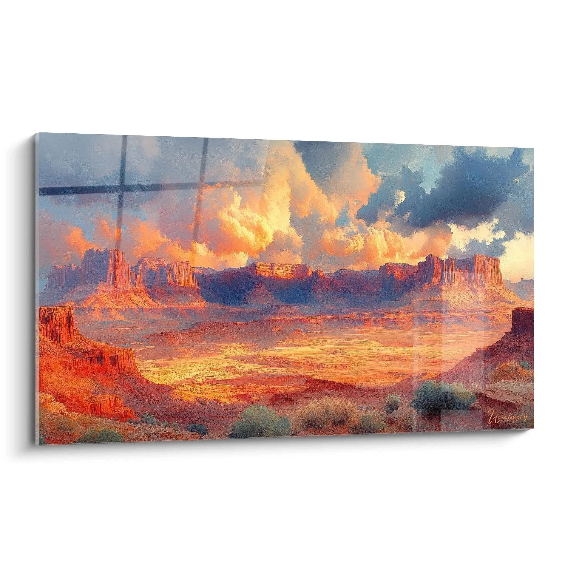 Wandbild Wüstenlandschaft mit dramatischem Flammenhimmel über roten Canyon Tafelbergen Edition Wüste