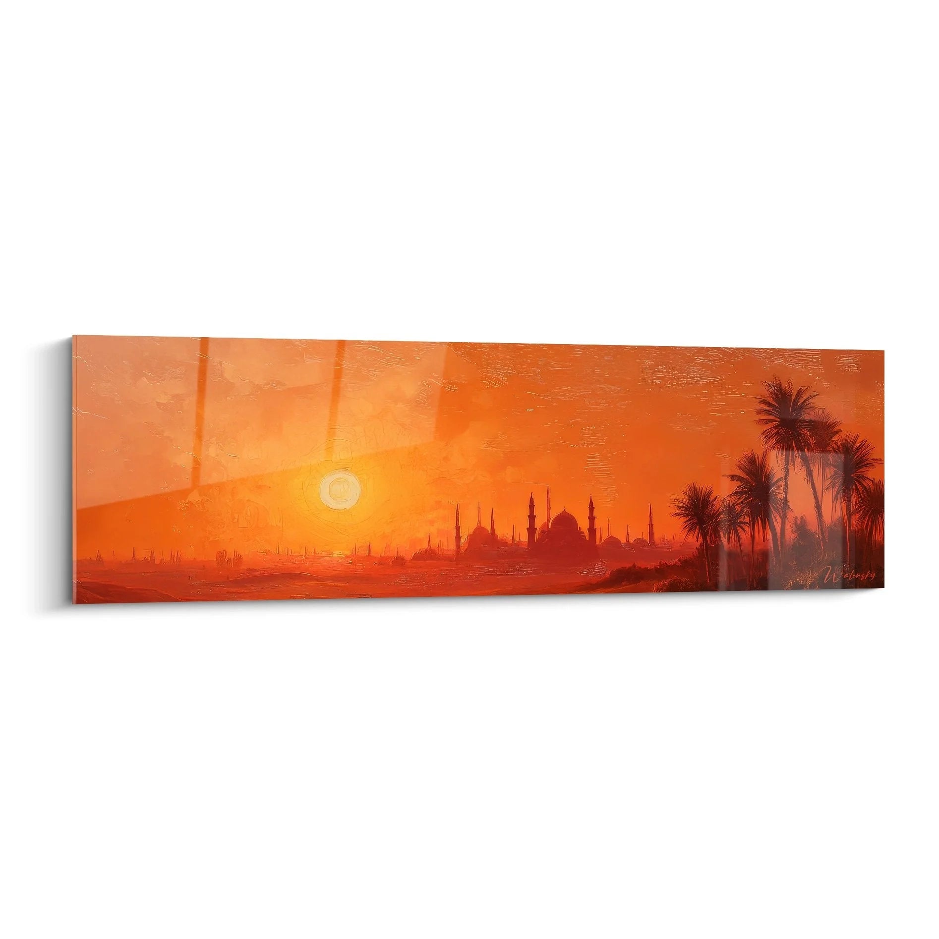 Wandbild Wüstenlandschaft mit orientalischer Moschee und Palmen bei Sonnenuntergang in warmen Orangetönen
