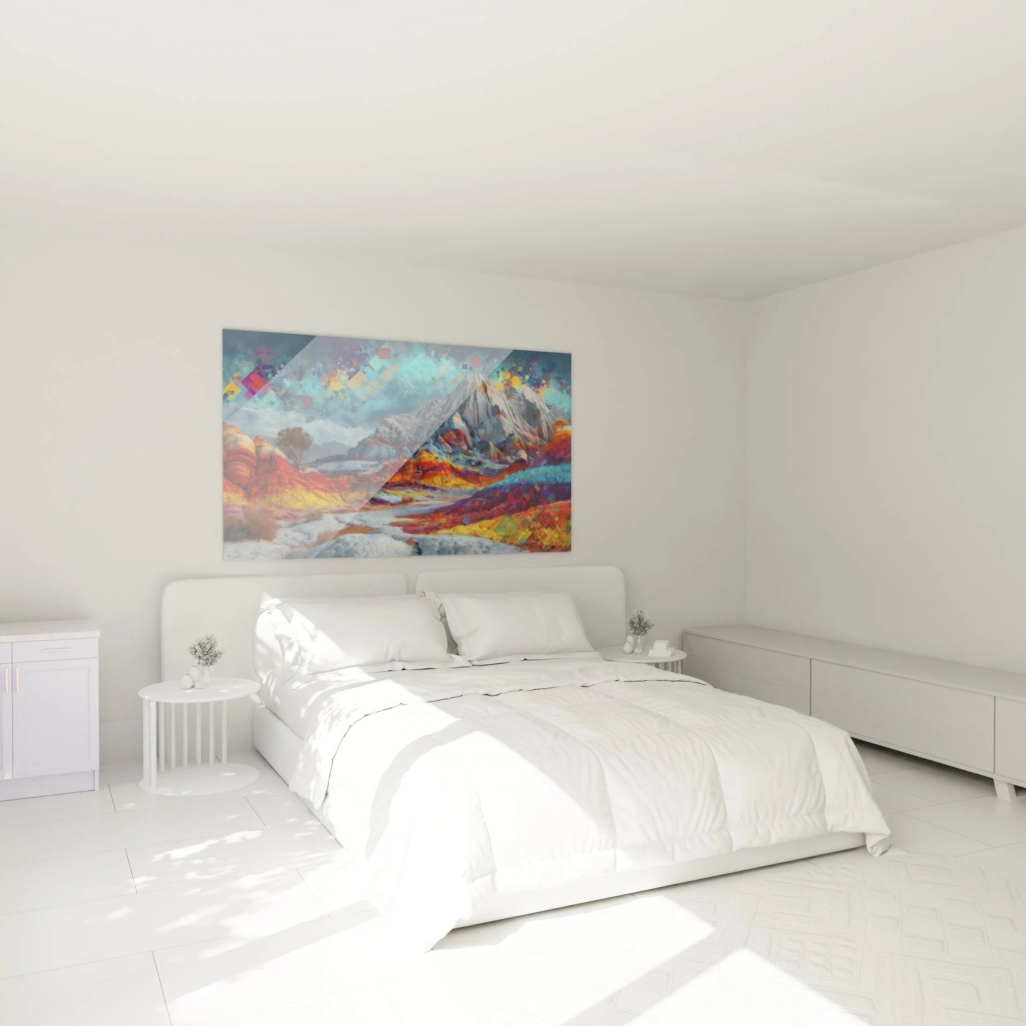 Wandbild Wüstenlandschaft Bergformation als moderne Schlafzimmer Wanddekoration mit warmen Farbtönen