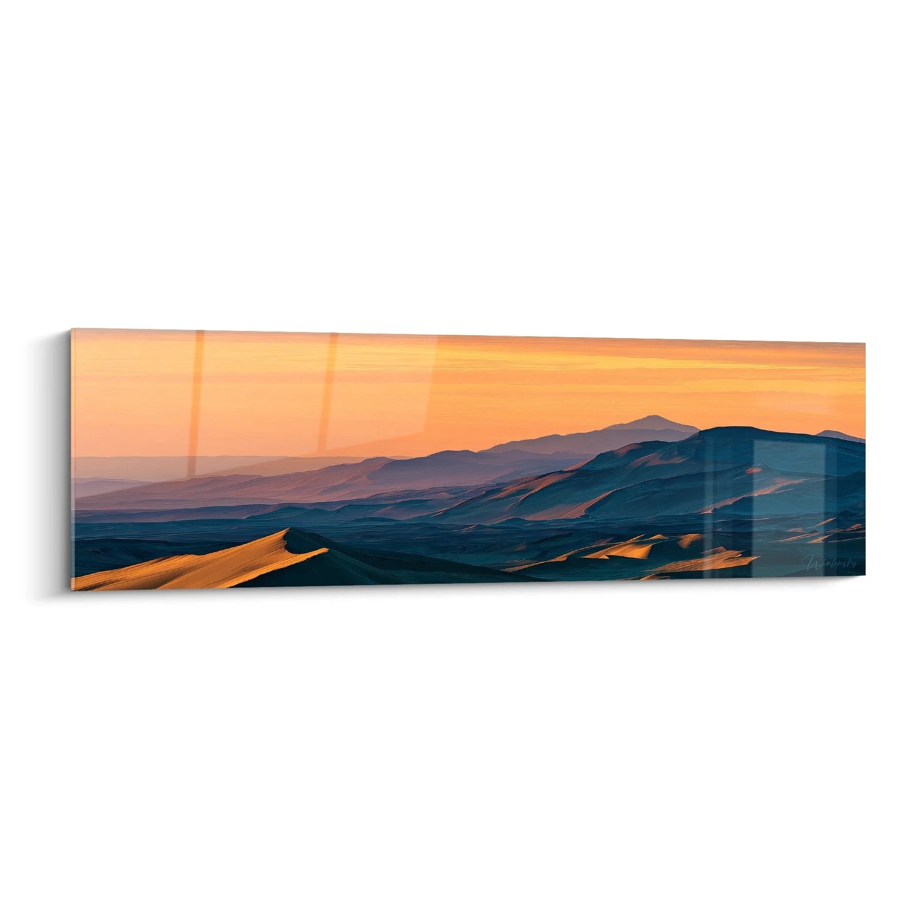 Wandbild Wüstenlandschaft XXL mit goldenem Sonnenuntergang über majestätischen Sanddünen und Bergen