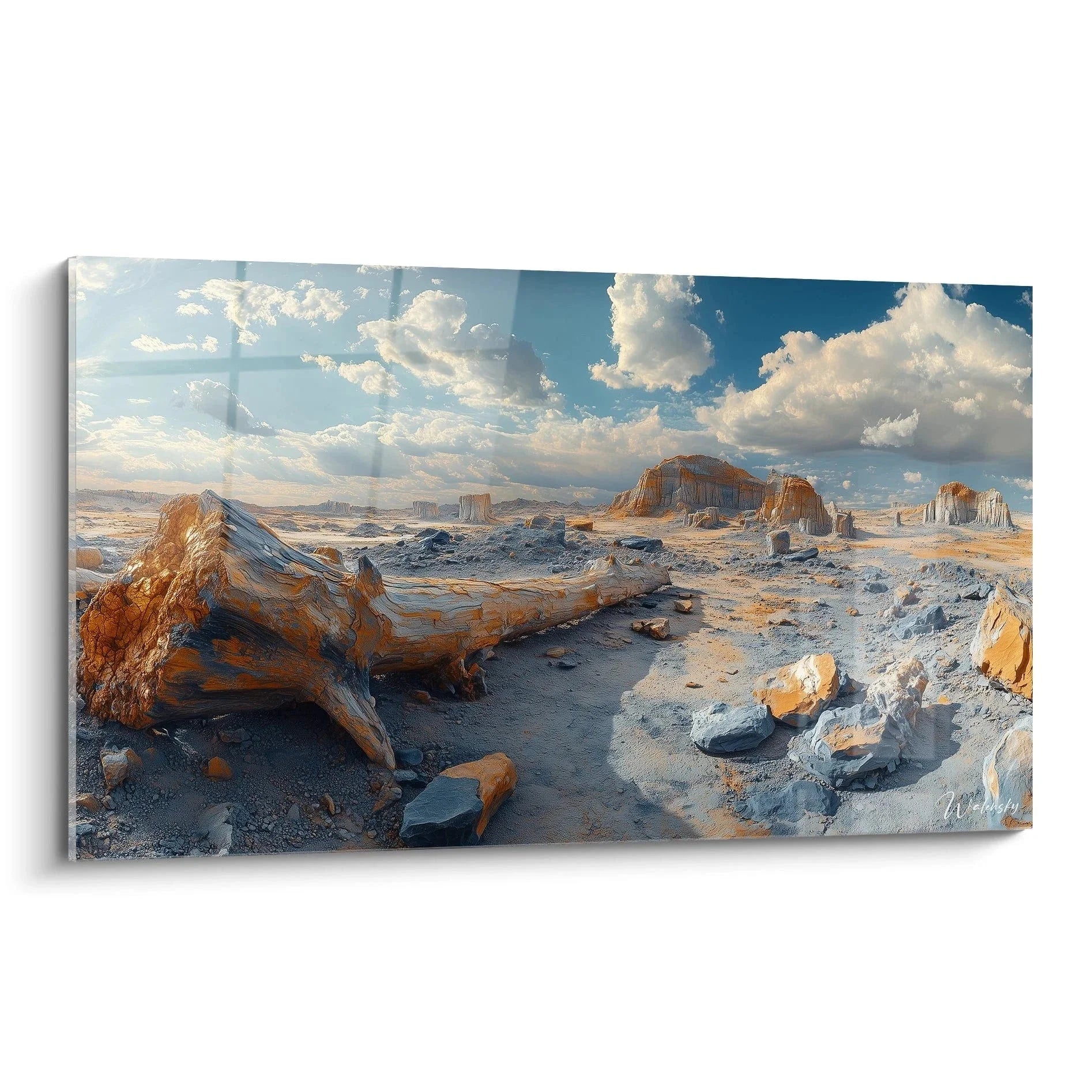 Wandbild Wüstenlandschaft mit versteinertem Baum und dramatischen Wolken über karger Steinwüste