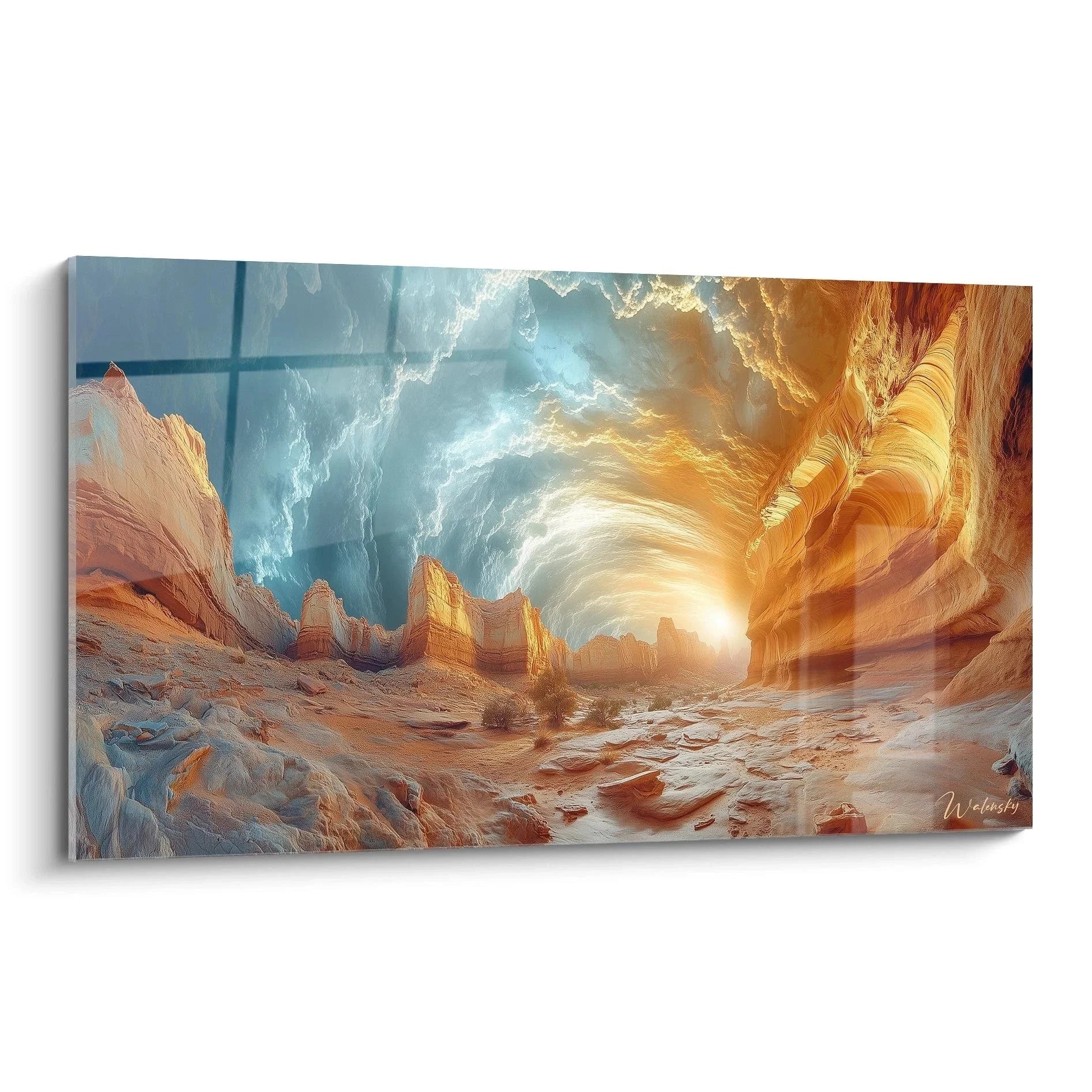 Wandbild Wüstenschlucht mit goldenem Sonnenlicht durch dramatische Sandsteinformationen Canyon Wüstenlandschaft