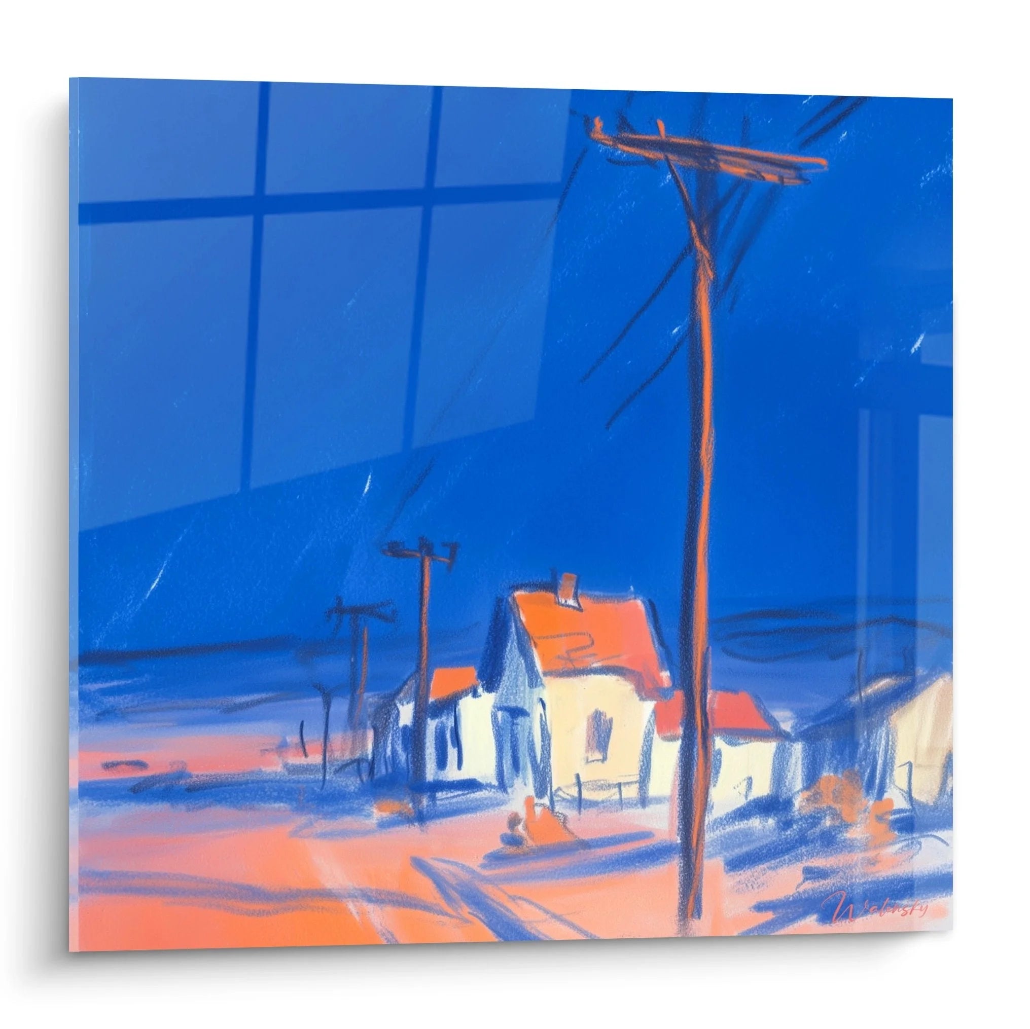 Wandbild Wüstenstadt mit blauer Nachtszene, Strommast und rote Dächer, Edition Wüste Wandkunst