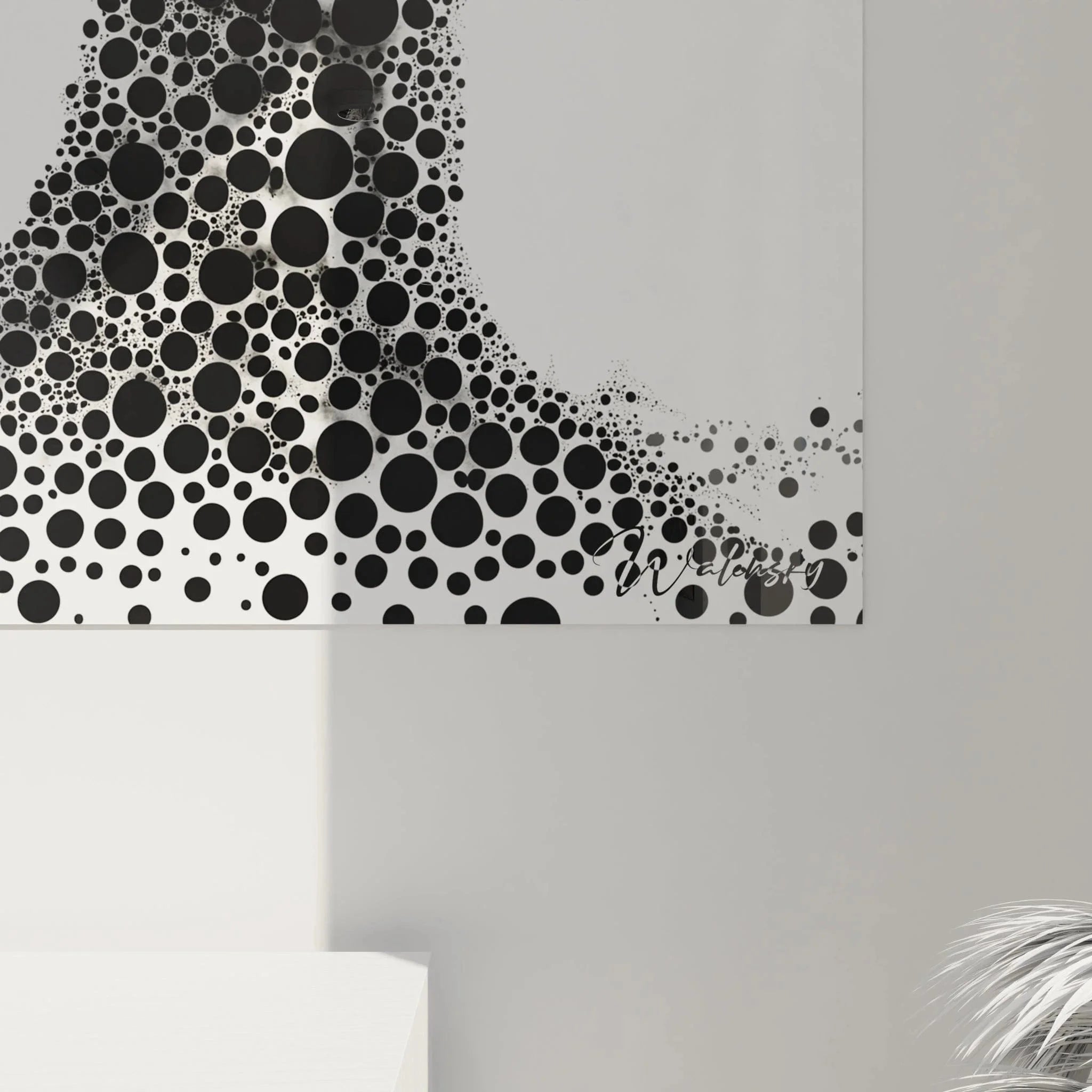 Gesamtansicht Wandbild XXL abstraktes Gesicht Punktkunst schwarz-weiß Dalmatiner Optik