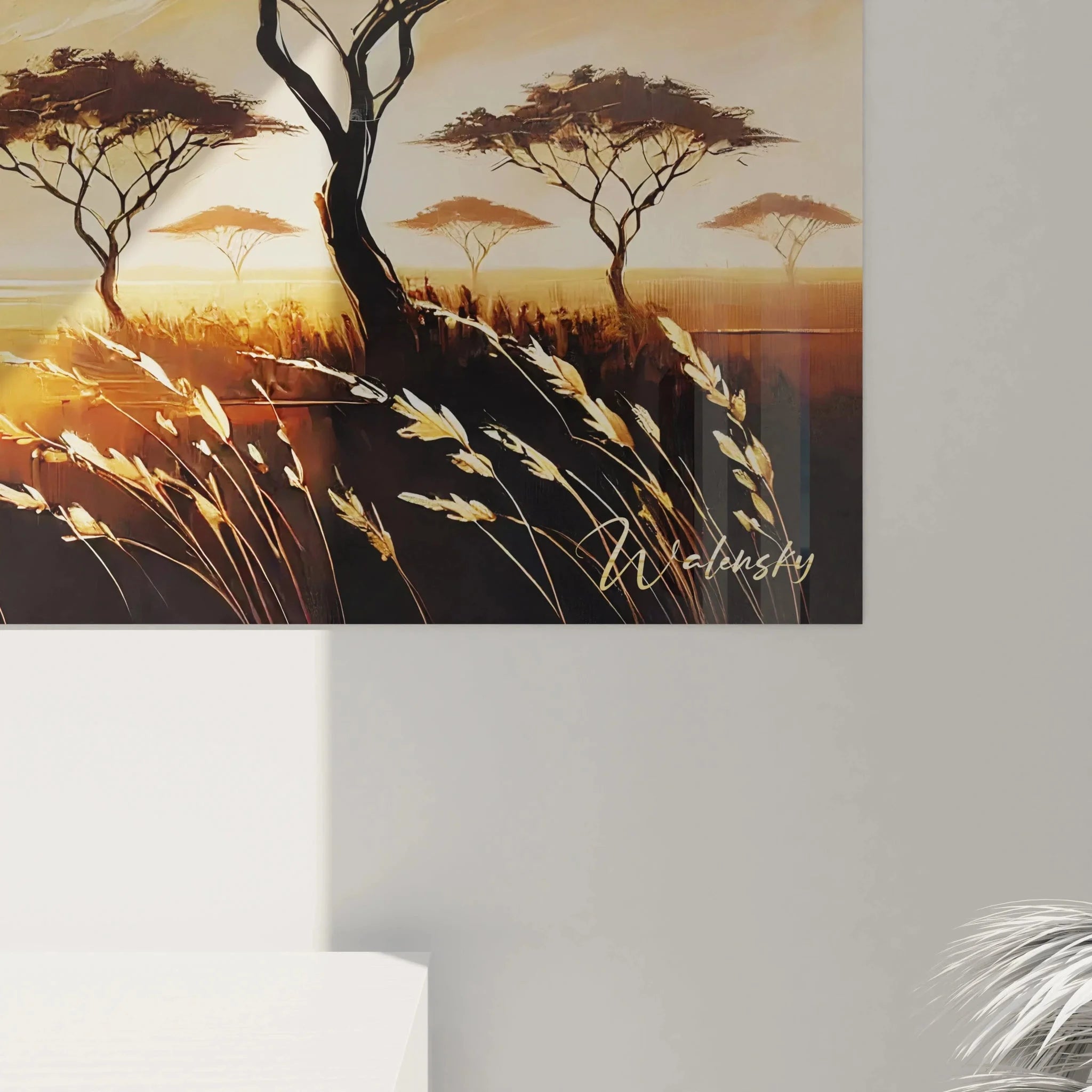 Gesamtansicht Wandbild XXL afrikanische Savanne, Sonnenuntergang mit Antilopen und Schirmakazien