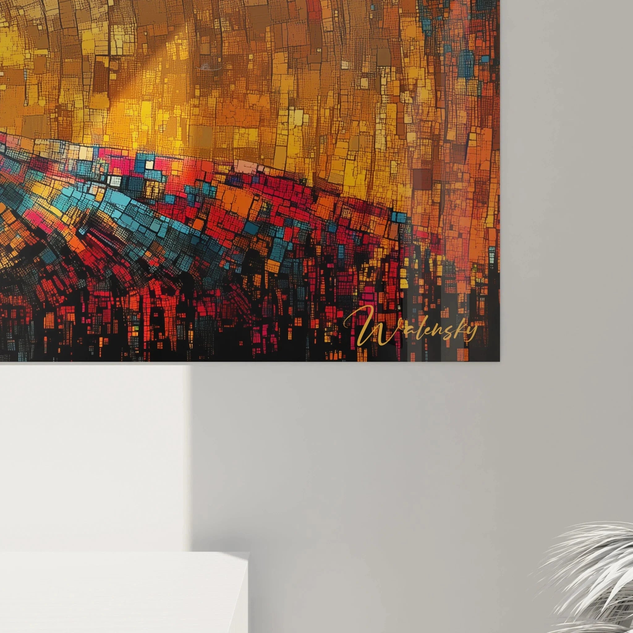 Gesamtansicht Wandbild XXL Afrikanische Tänzerin mit ausgestreckten Armen vor goldenem Mosaik Hintergrund