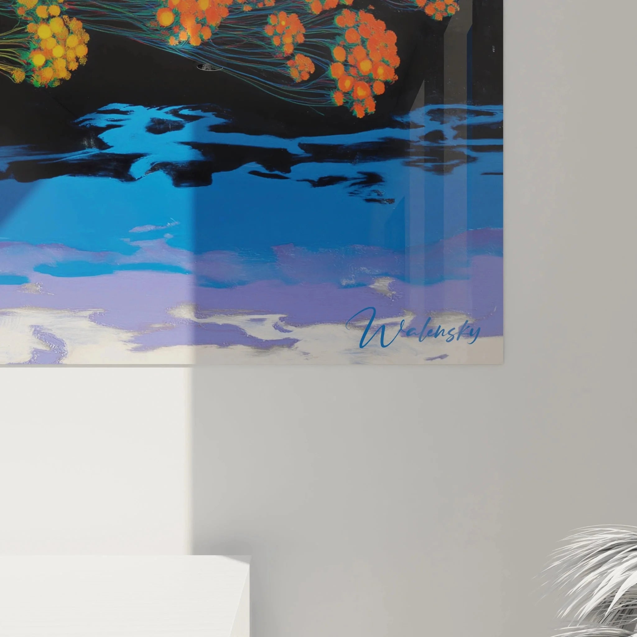 Gesamtansicht Wandbild XXL Baum Farbverlauf Op Art mit dynamischer Komposition und blauem Wasserelement