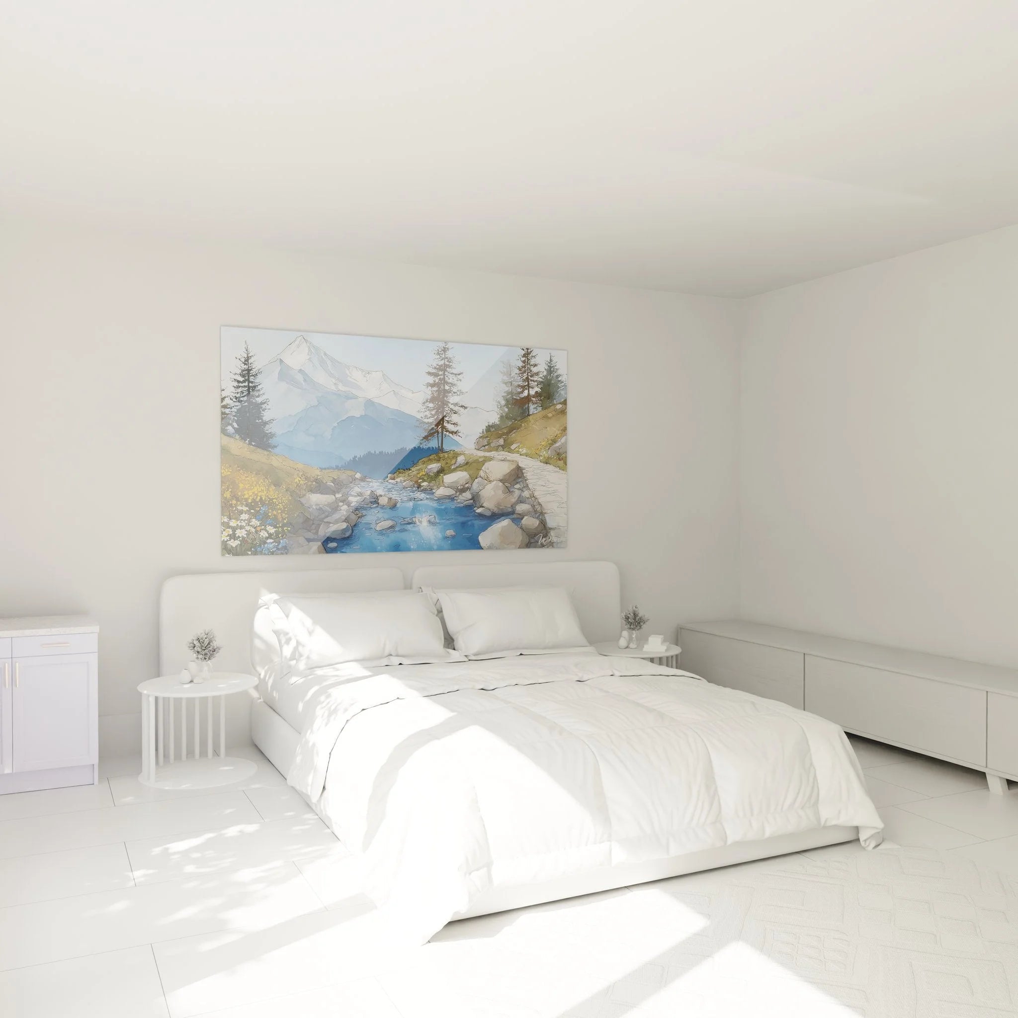 Wandbild XXL Bergbach im Schlafzimmer - Alpenpanorama Kunstdruck als Wanddeko über dem Bett