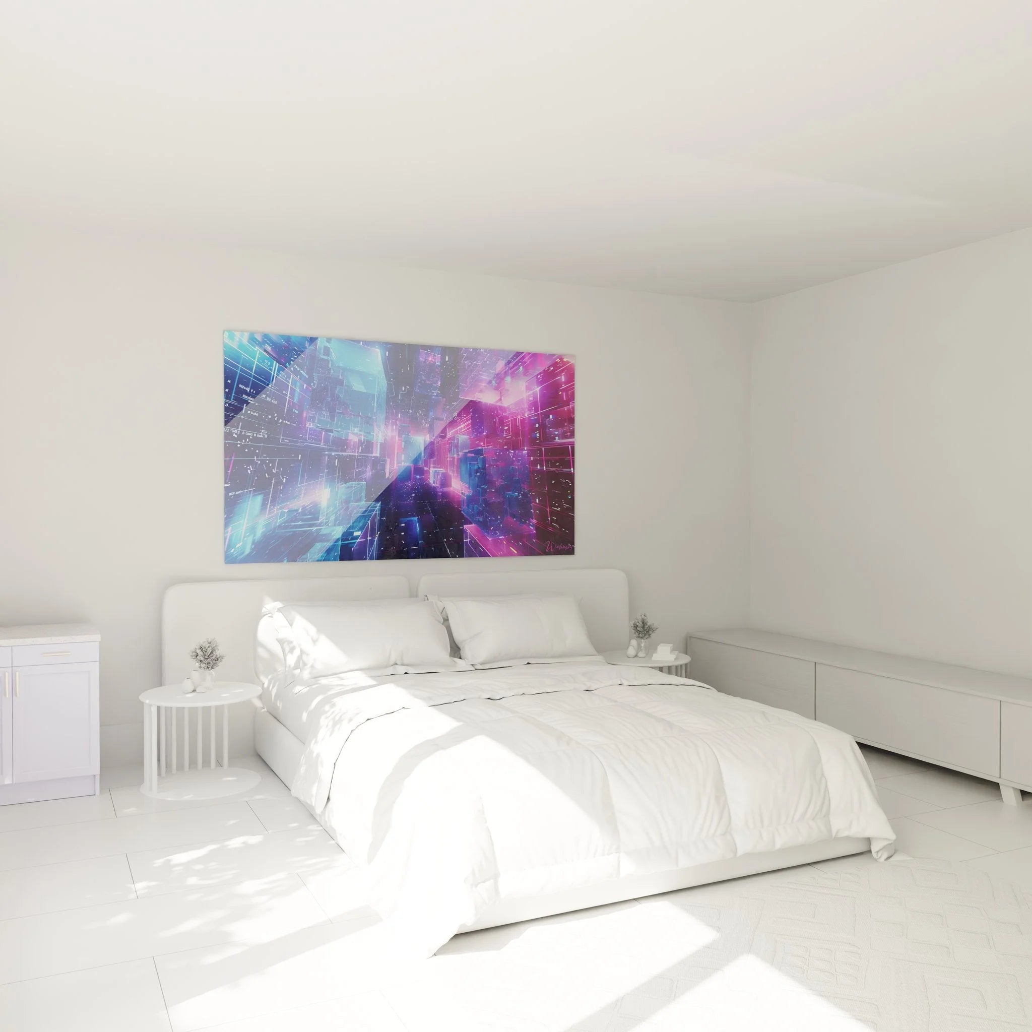 Cyberpunk Wandbild XXL in modernem Schlafzimmer, abstrakte futuristische Stadtlandschaft mit Neonlicht-Effekten
