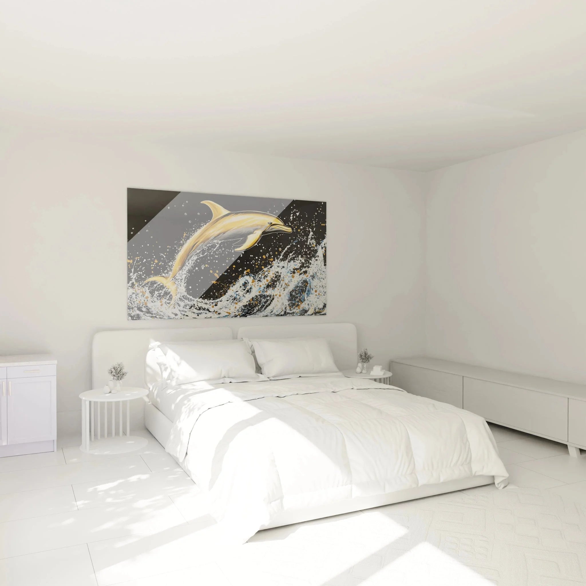 Wandbild XXL Delfin in gold als Schlafzimmer Dekoration über dem Bett - maritime Atmosphäre