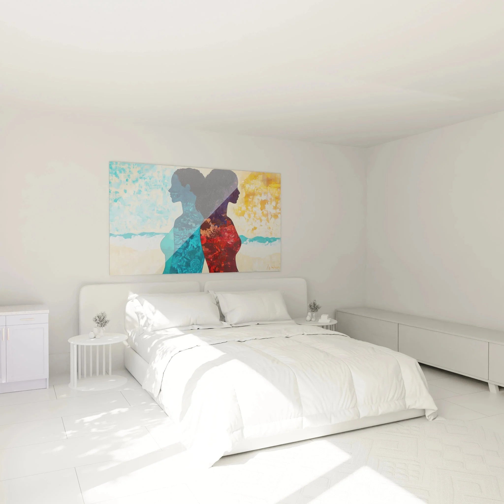 Wandbild XXL Doppelsilhouette im Schlafzimmer als moderne Wanddekoration mit Ozean-Motiv