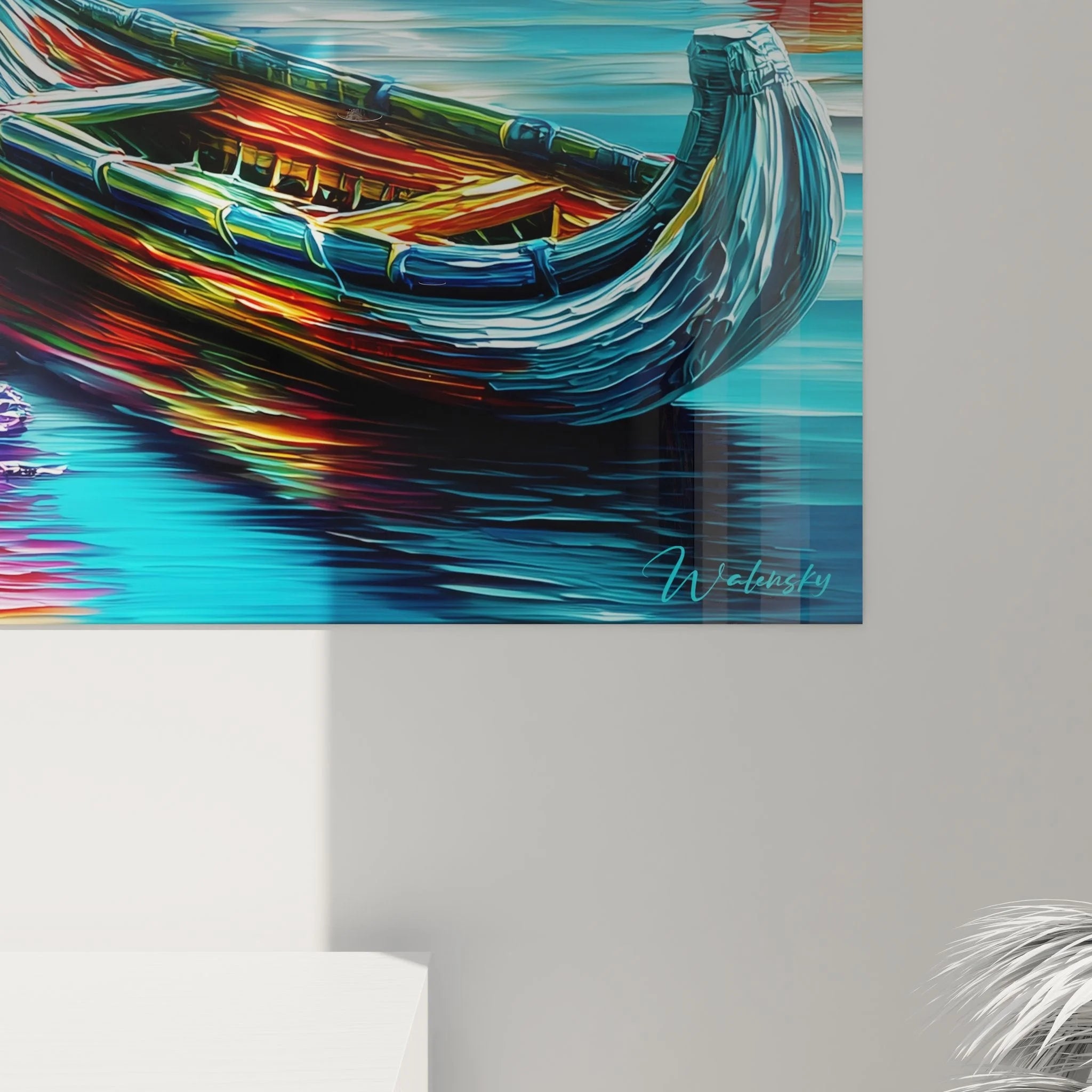 Gesamtansicht Wandbild XXL Boote drei Gondeln am Seeufer mit bunten Farbreflexionen Leinwanddruck groß