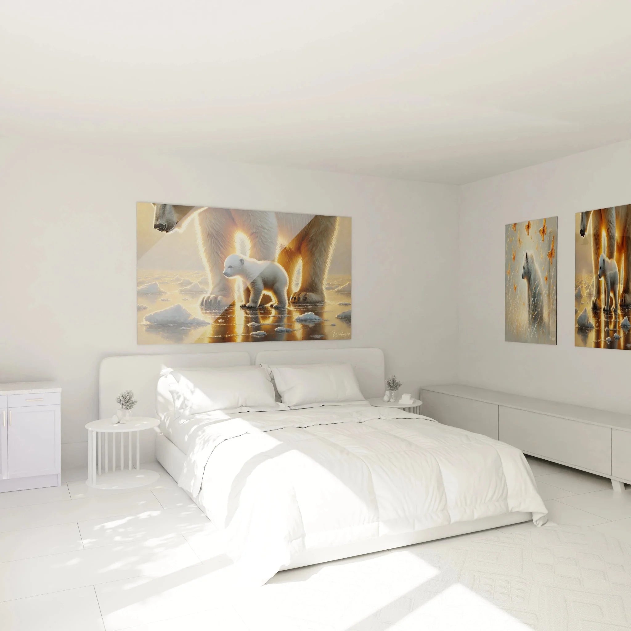 Wandbild XXL Eisbären Familie in modernem Schlafzimmer, goldenes Arktis Licht als Wanddeko