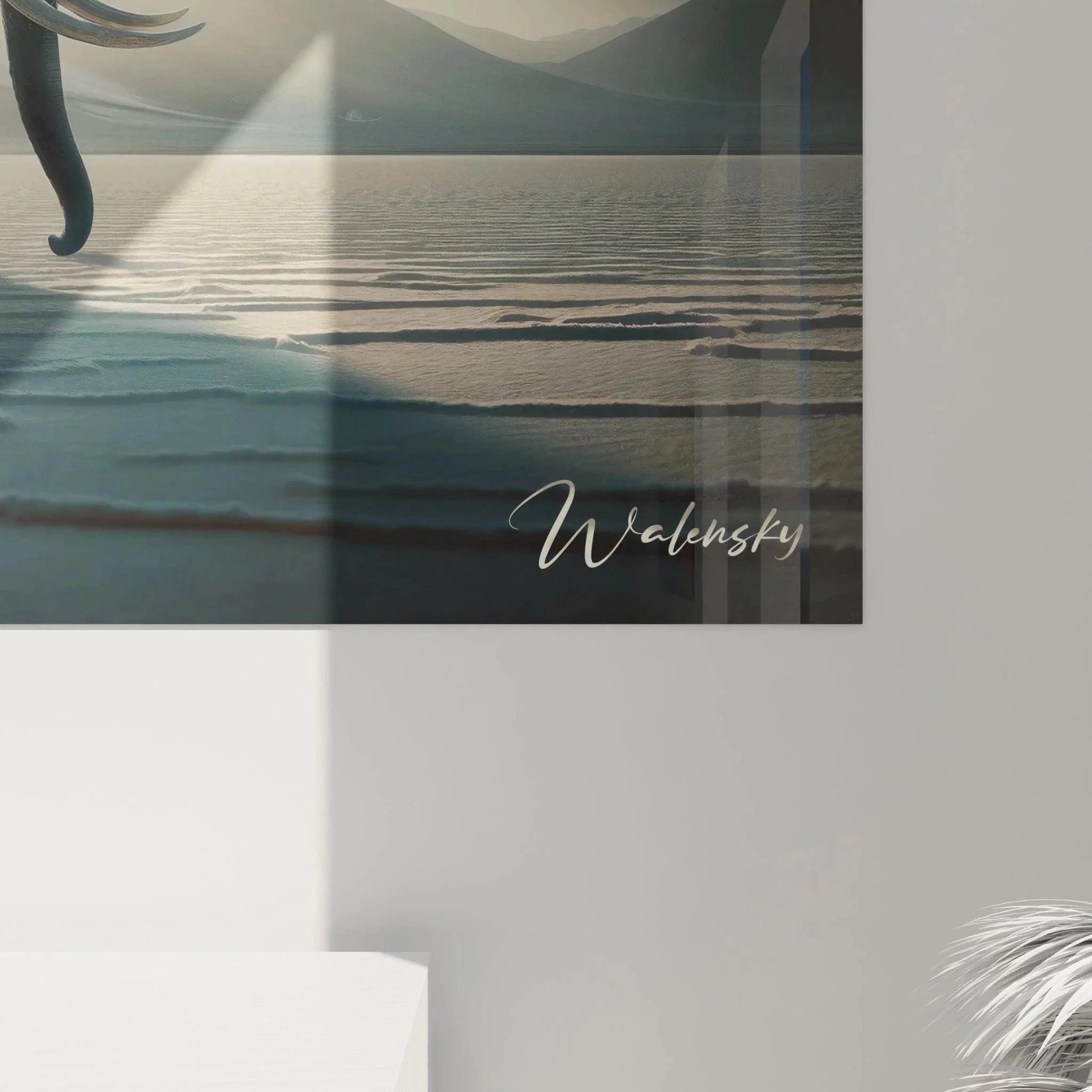 Komplette Ansicht des Wandbild XXL Elefant mit Fensterrahmen Effekt und atmosphärischer Berglandschaft