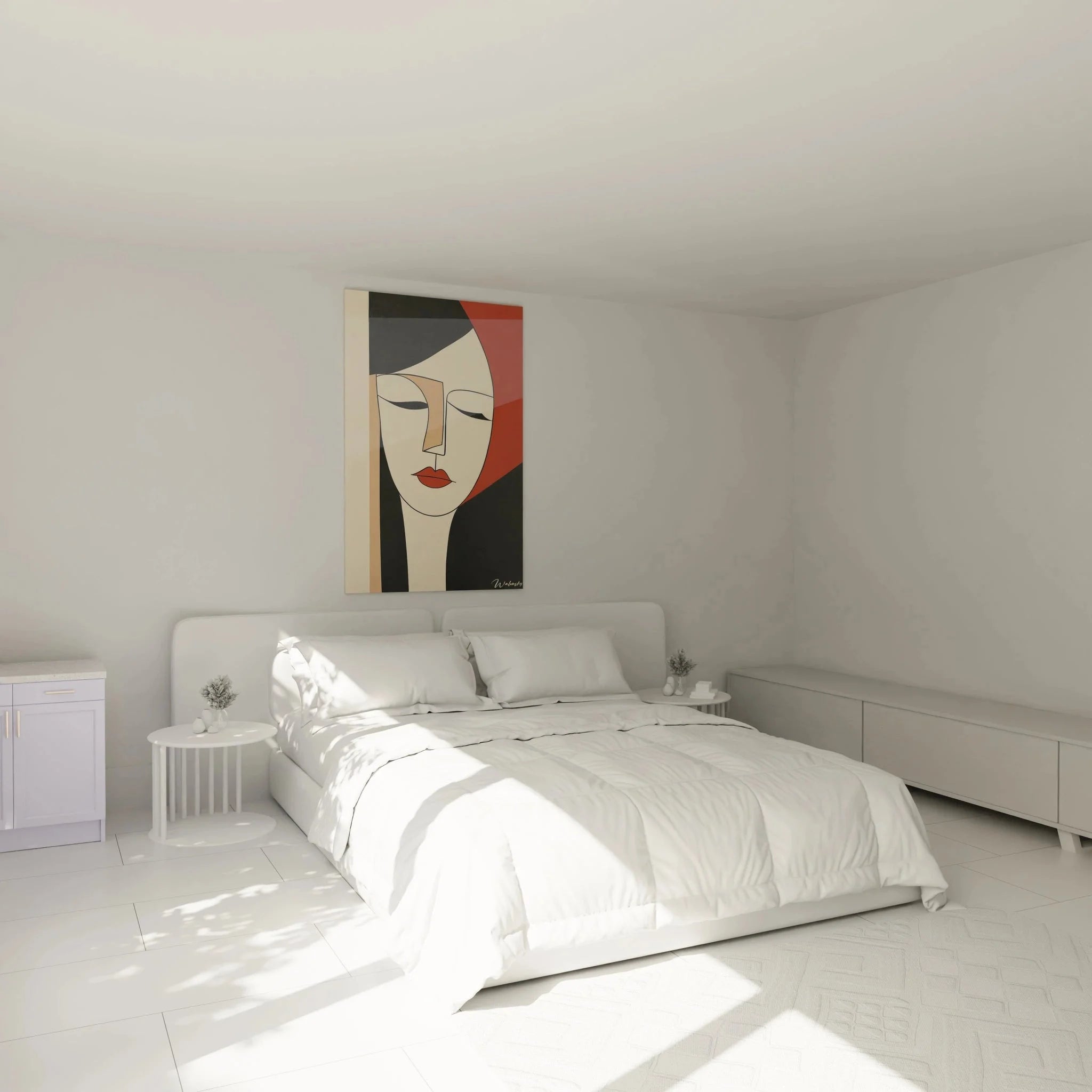 Wandbild XXL elegante Frau Portrait im Schlafzimmer Ambiente kubistische Wandkunst Modigliani Stil