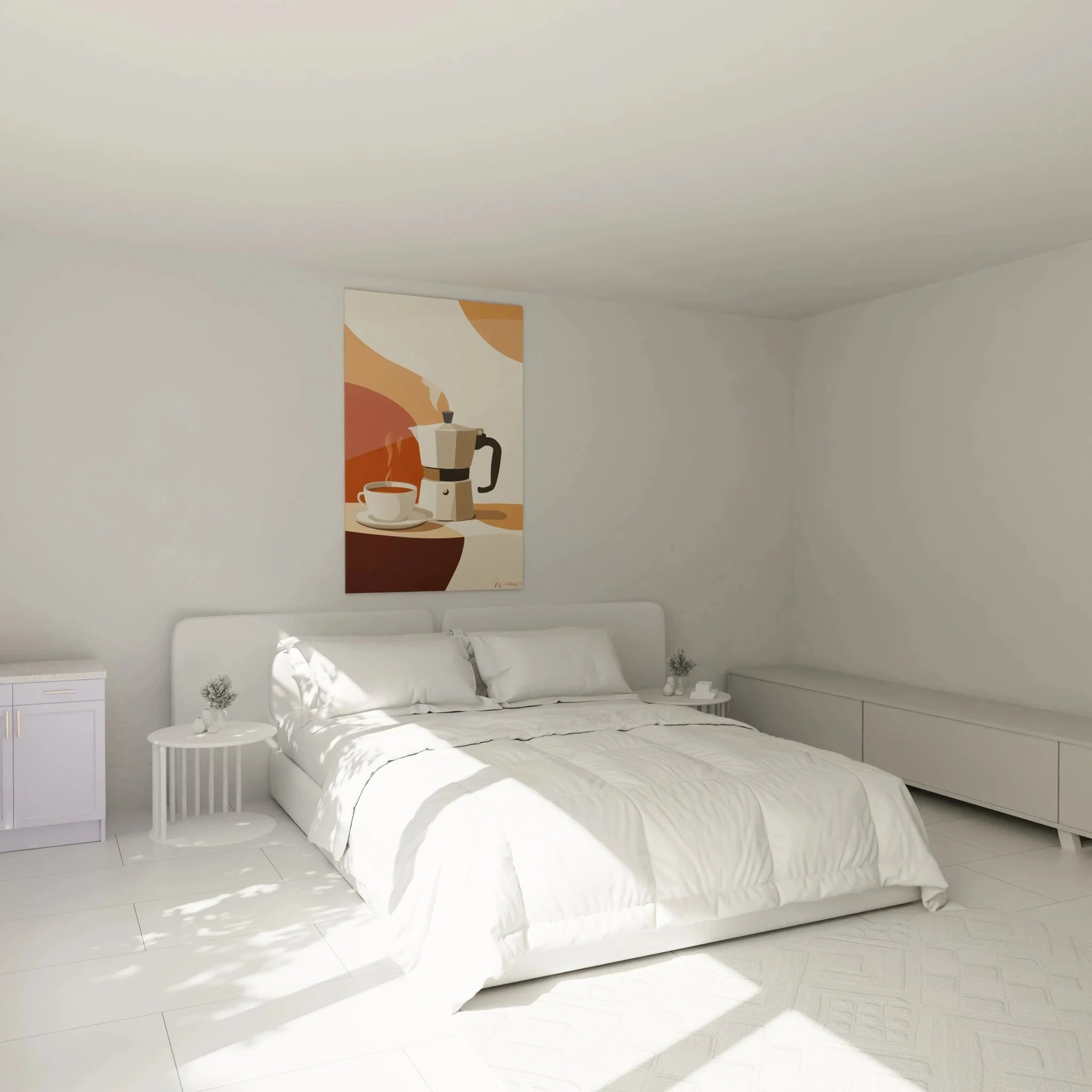 Modernes Wandbild XXL Espressokocher in Schlafzimmer mit warmer Kaffee-Atmosphäre