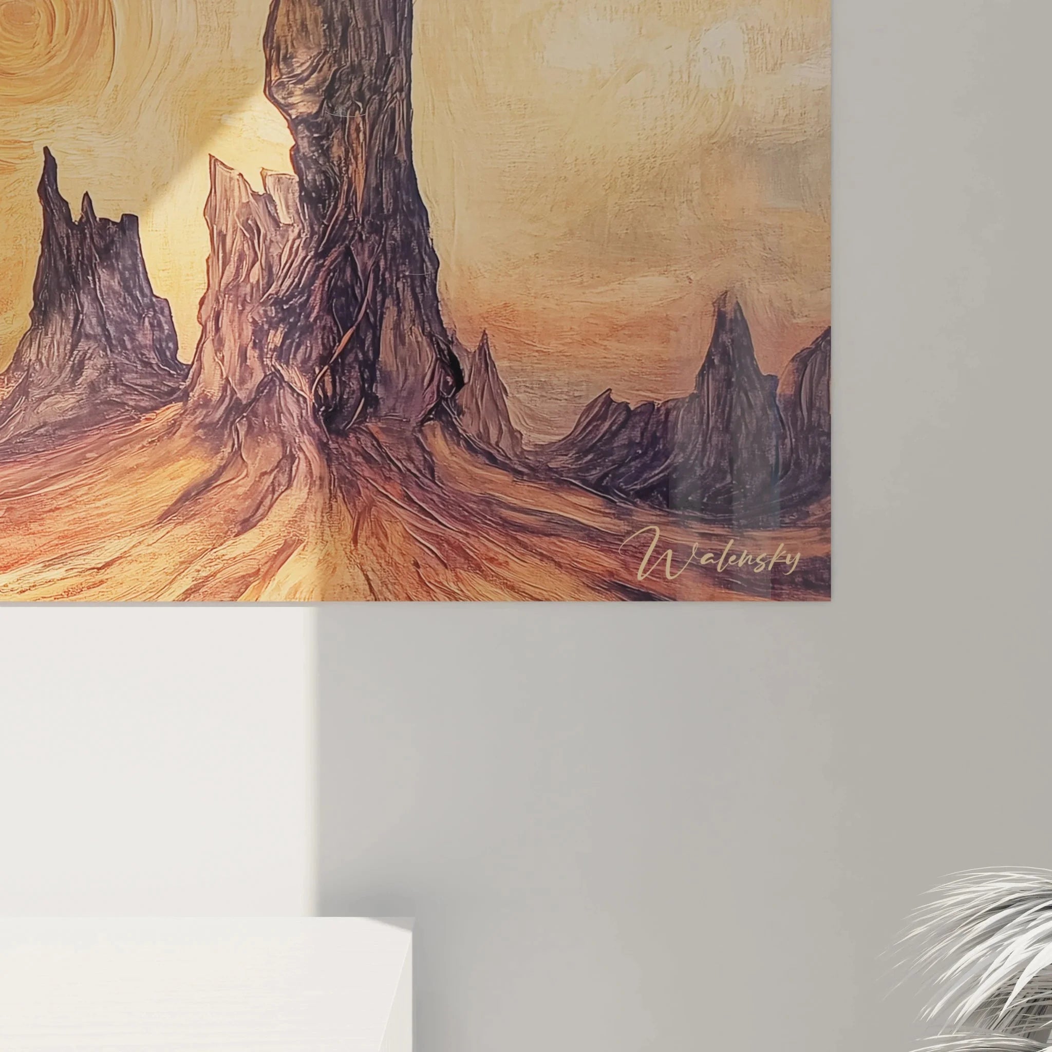 Gesamtansicht Wandbild XXL Fantasielandschaft mit Steinformationen und dramatischem Himmel als Wandkunst