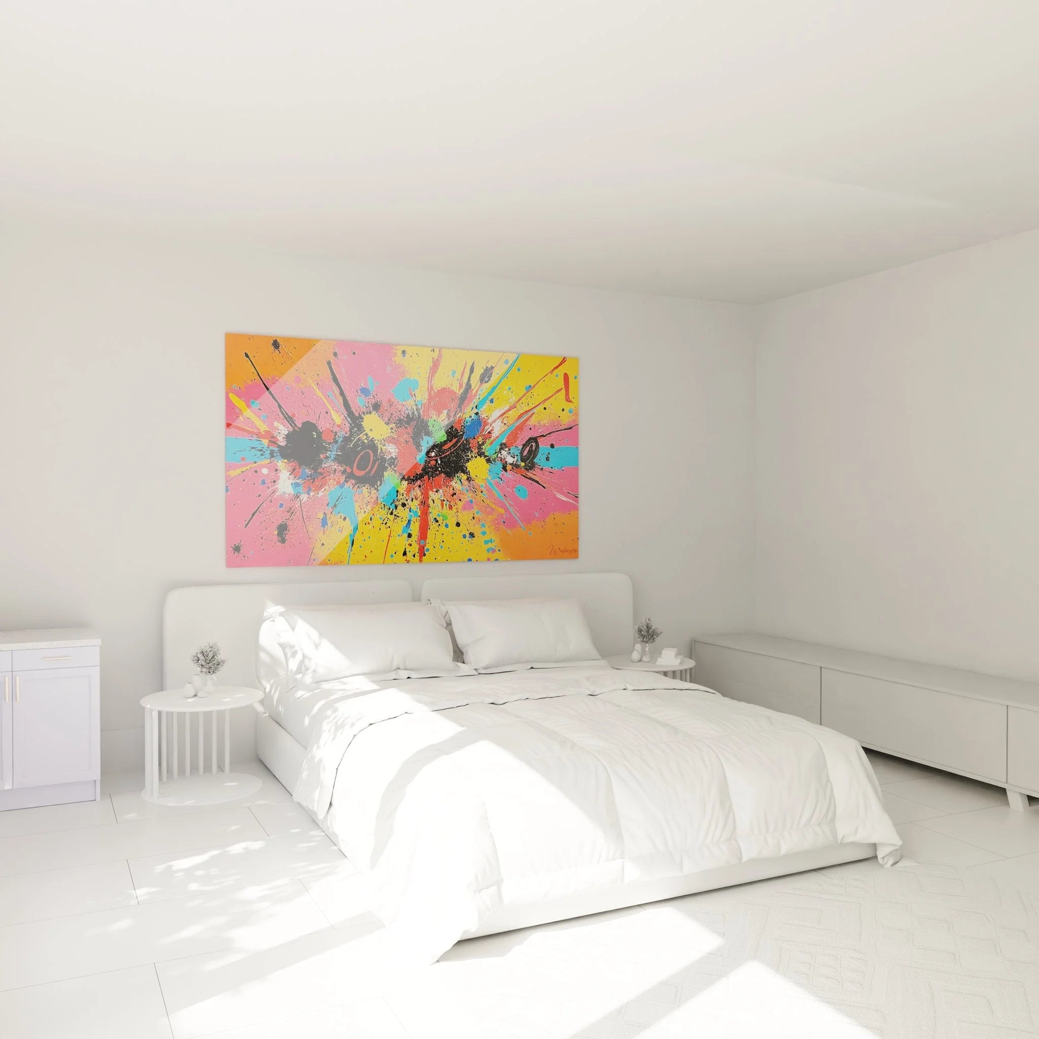 Wandbild XXL Farbexplosion abstrakt über Bett im Schlafzimmer moderne Wanddeko Malerei-Optik