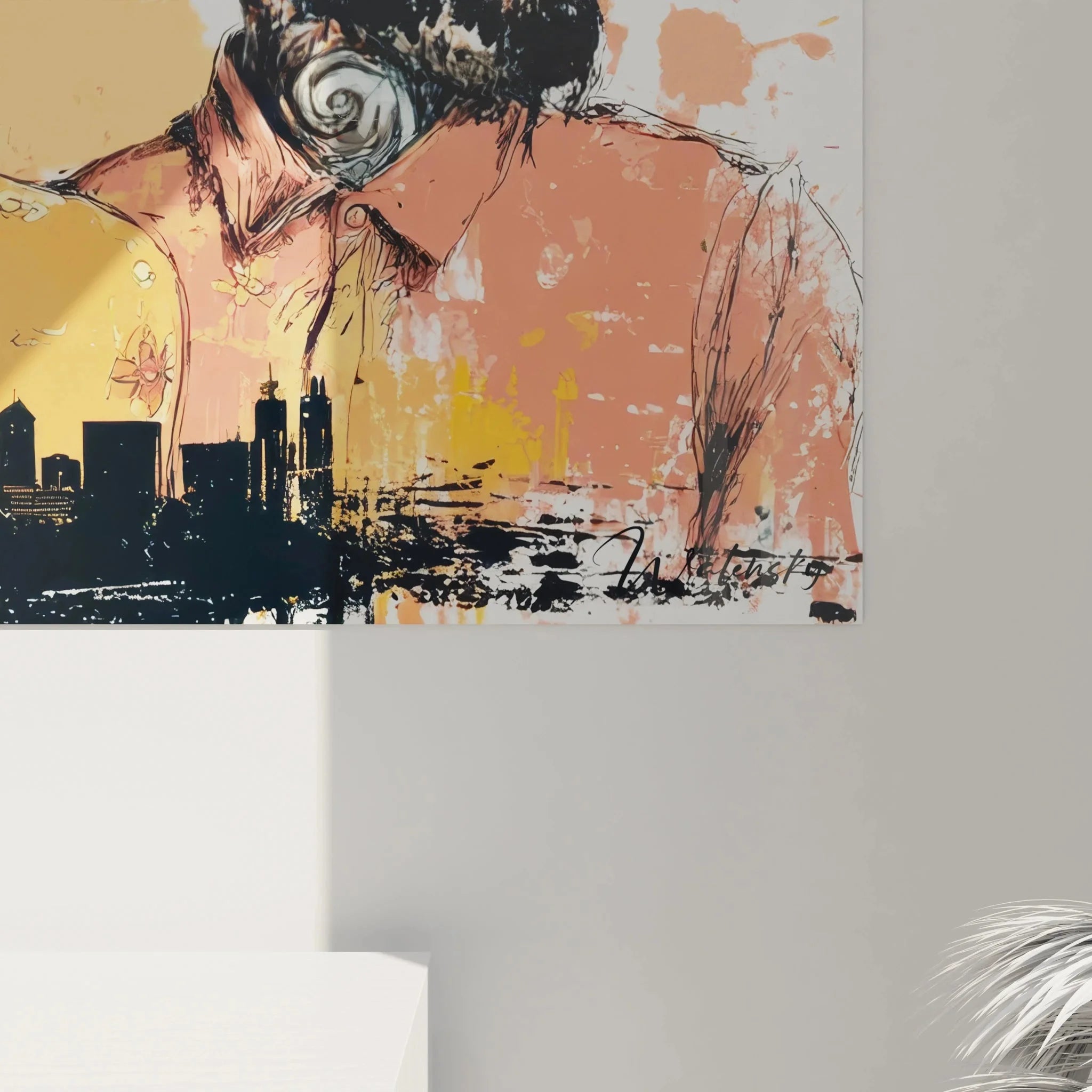 Gesamtansicht Urban Fashion Style Wandbild XXL mit drei Personen in moderner Aquarell-Illustration