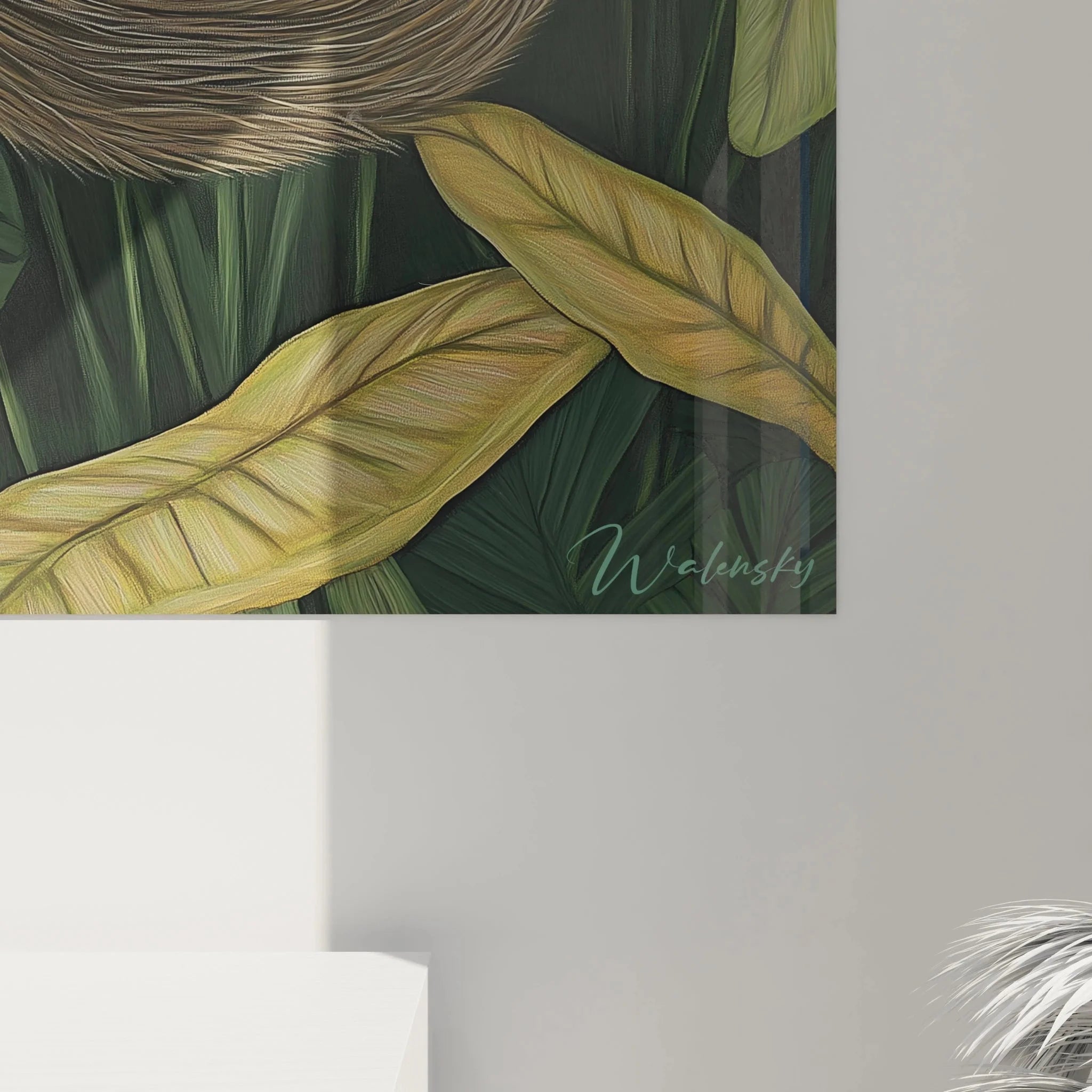 Gesamtansicht Wandbild XXL Faultier im Dschungel - komplette Darstellung der tropischen Wanddekoration