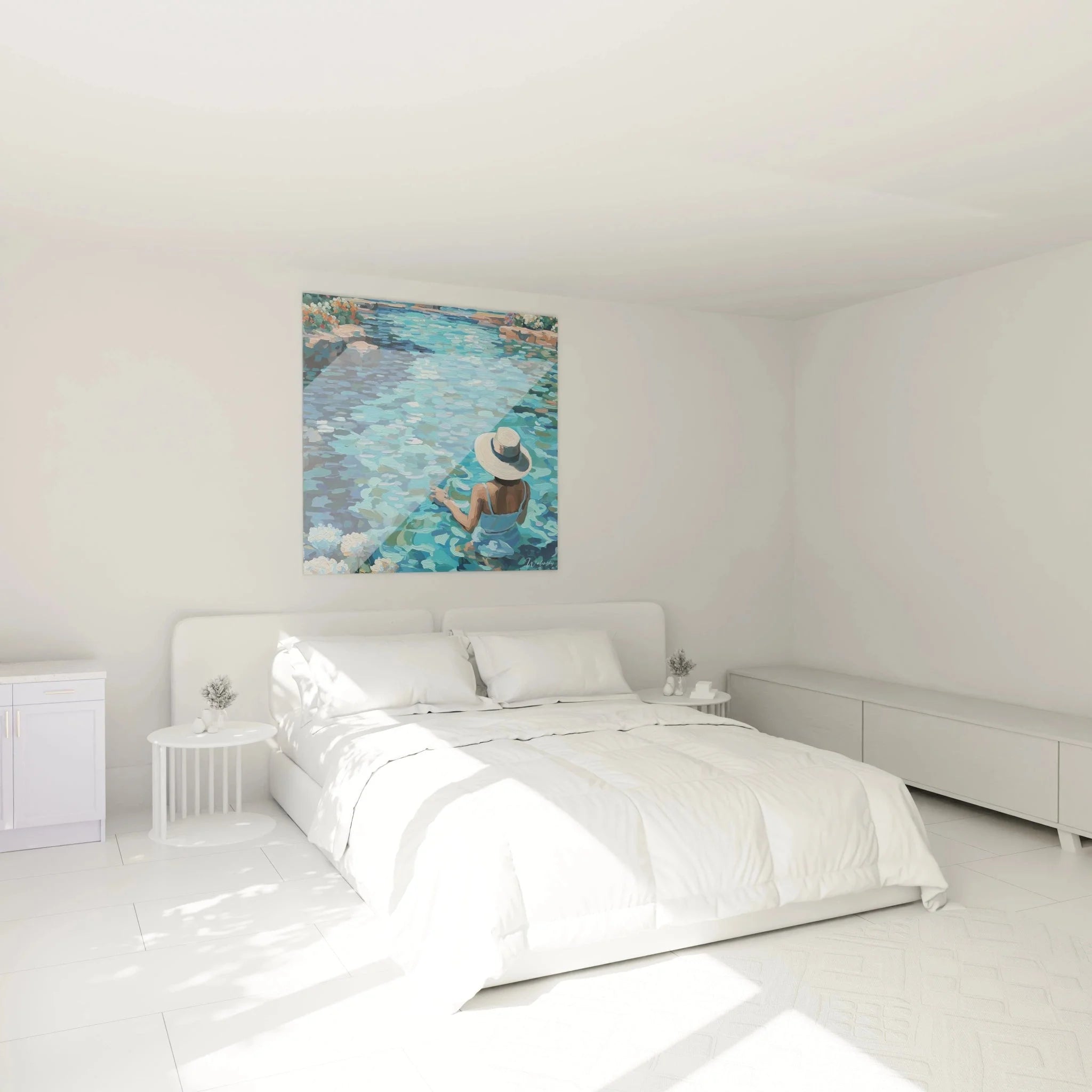 Wandbild XXL Frau im Wasser als elegante Schlafzimmer Wanddekoration - entspannende Sommeratmosphäre