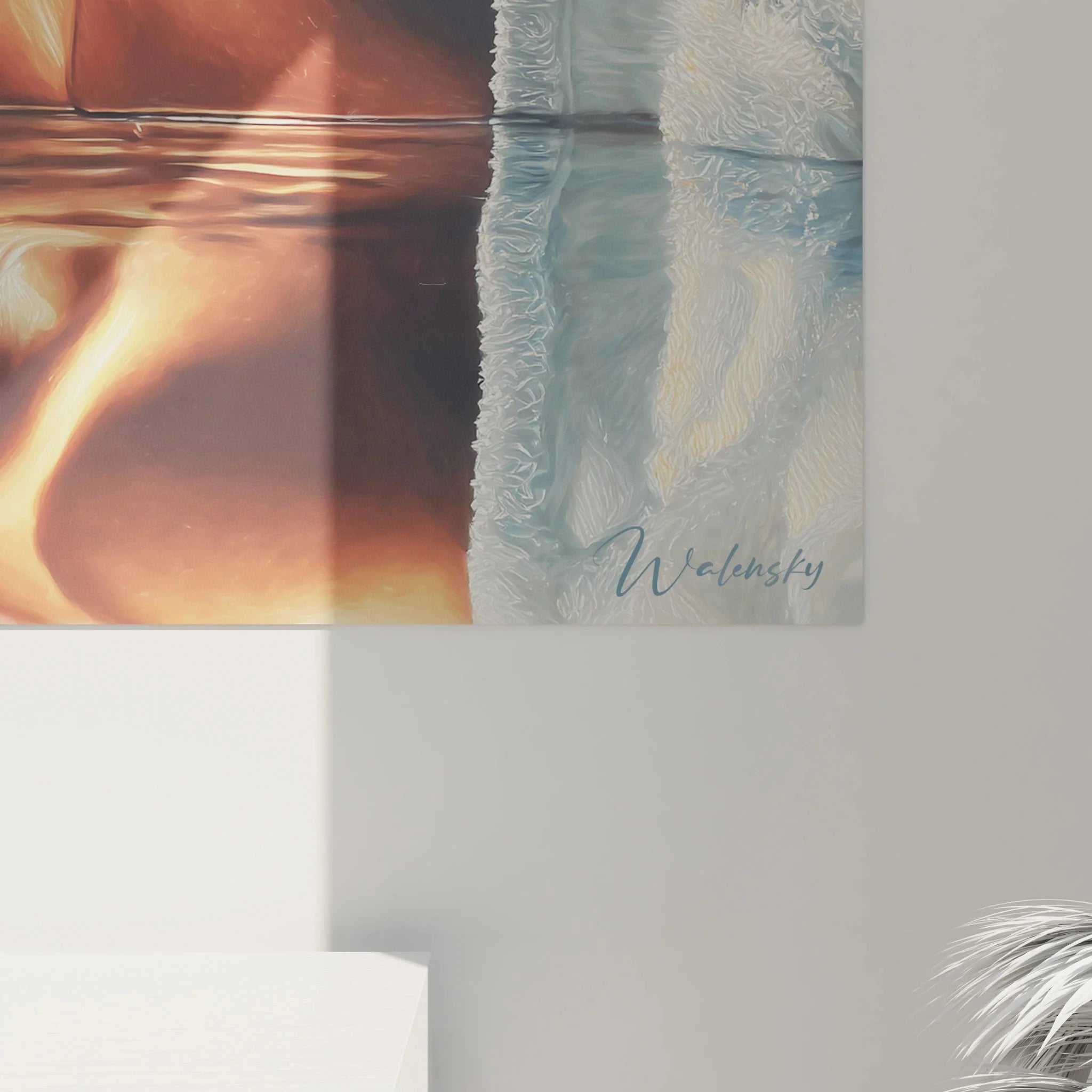 Gesamtansicht Wandbild Frauenporträt Hyperrealismus, Spiegelbild im Wasser, Premium Leinwanddruck XXL Format