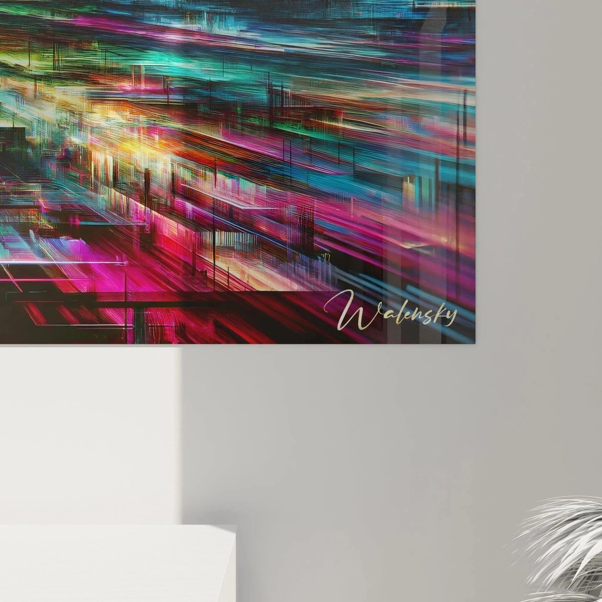 Gesamtansicht XXL Wandbild futuristische Landschaft mit leuchtenden digitalen Elementen