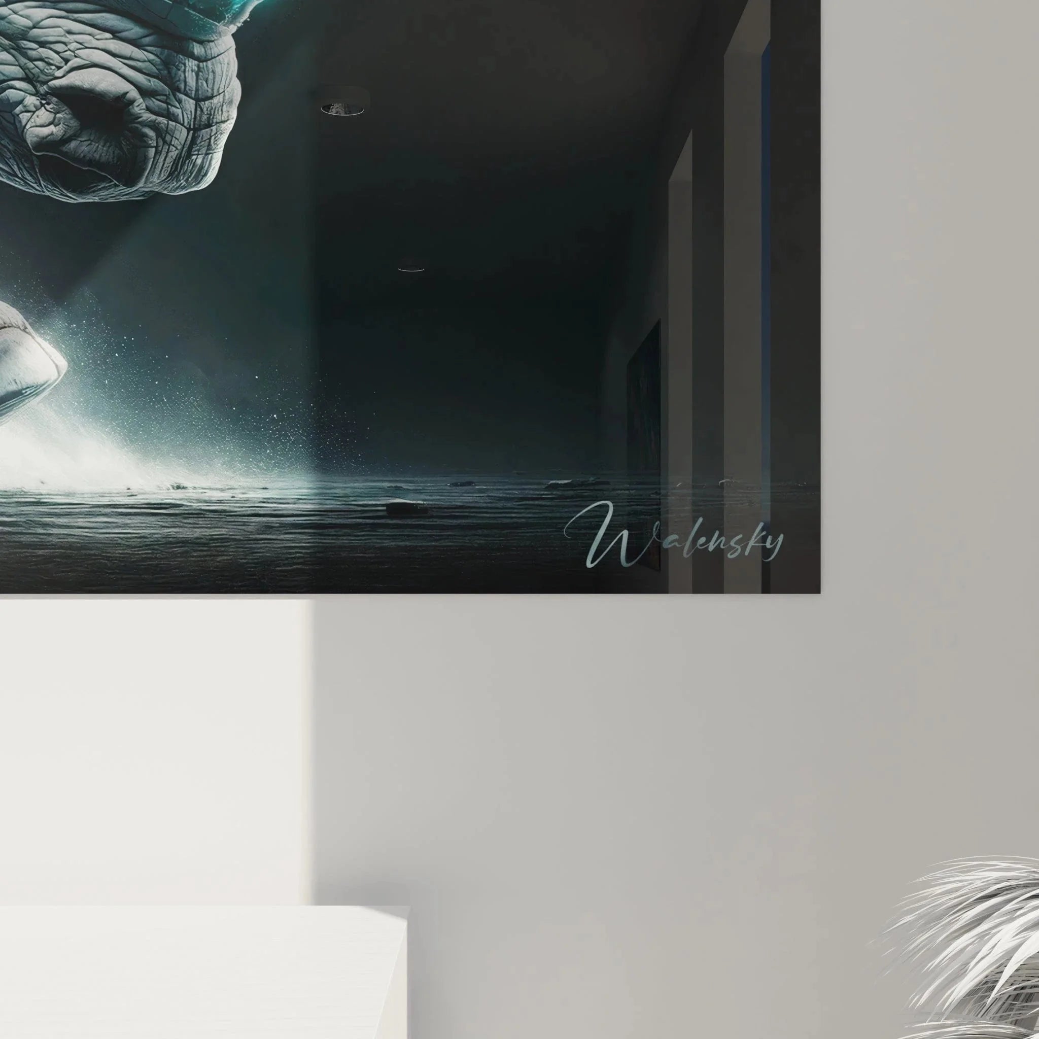 Gesamtansicht futuristisches Nashorn Wandbild XXL mit Cyberpunk Design für moderne Wandgestaltung