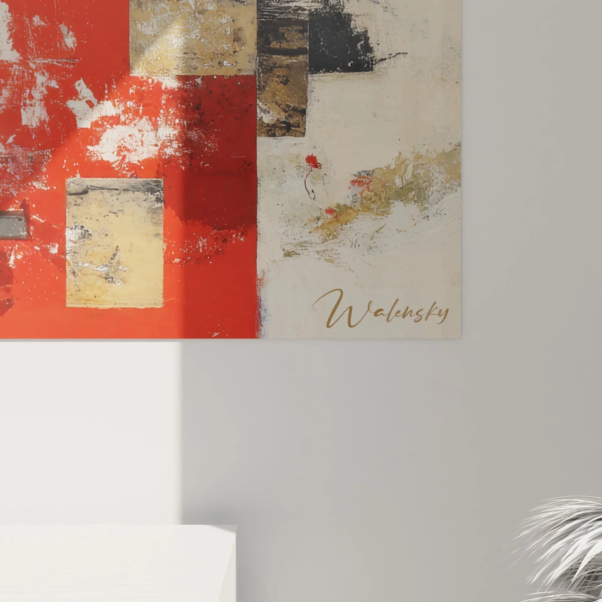 Gesamtansicht abstraktes geometrisches Wandbild XXL mit quadratischen Formen in Rot