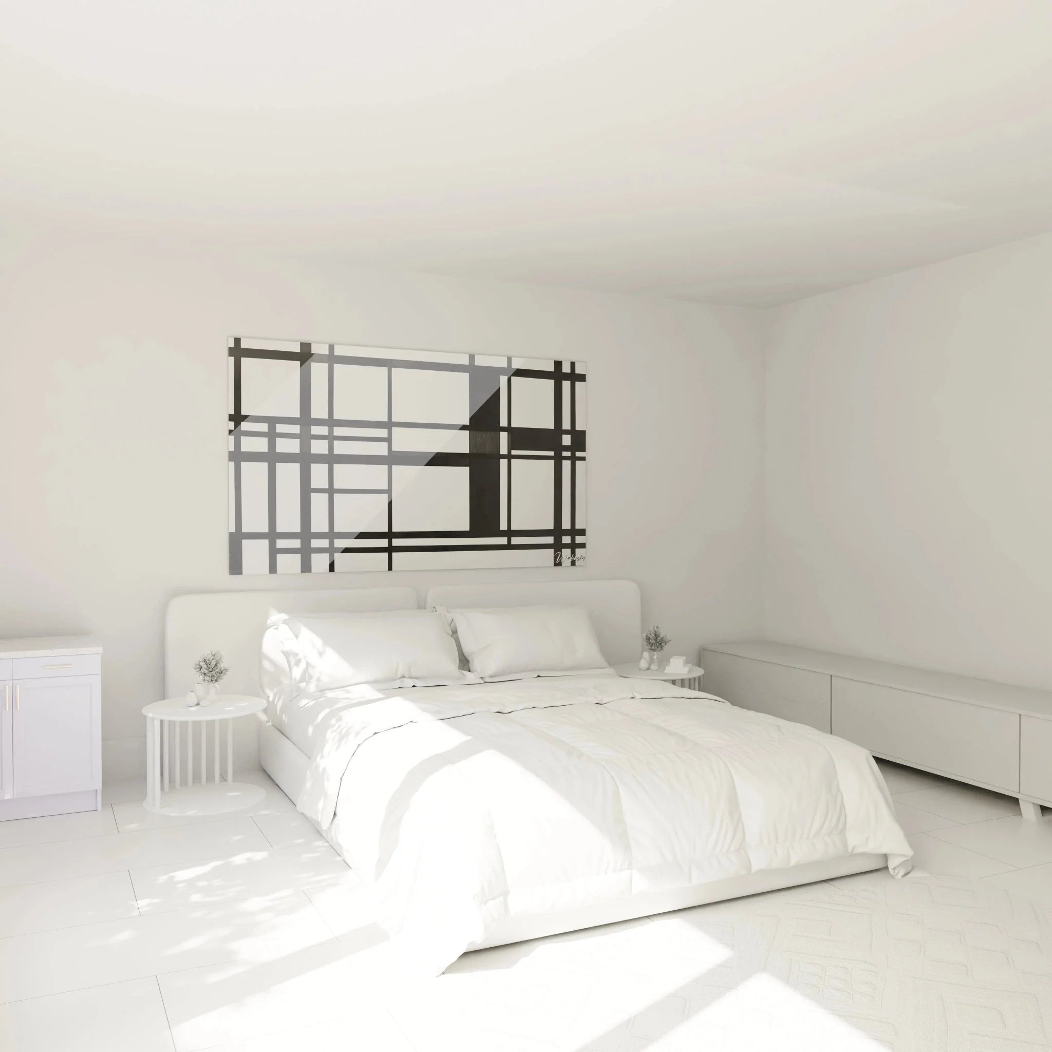 Wandbild XXL geometrische Abstraktion in Schlafzimmer Ambiente mit minimalistischer Einrichtung