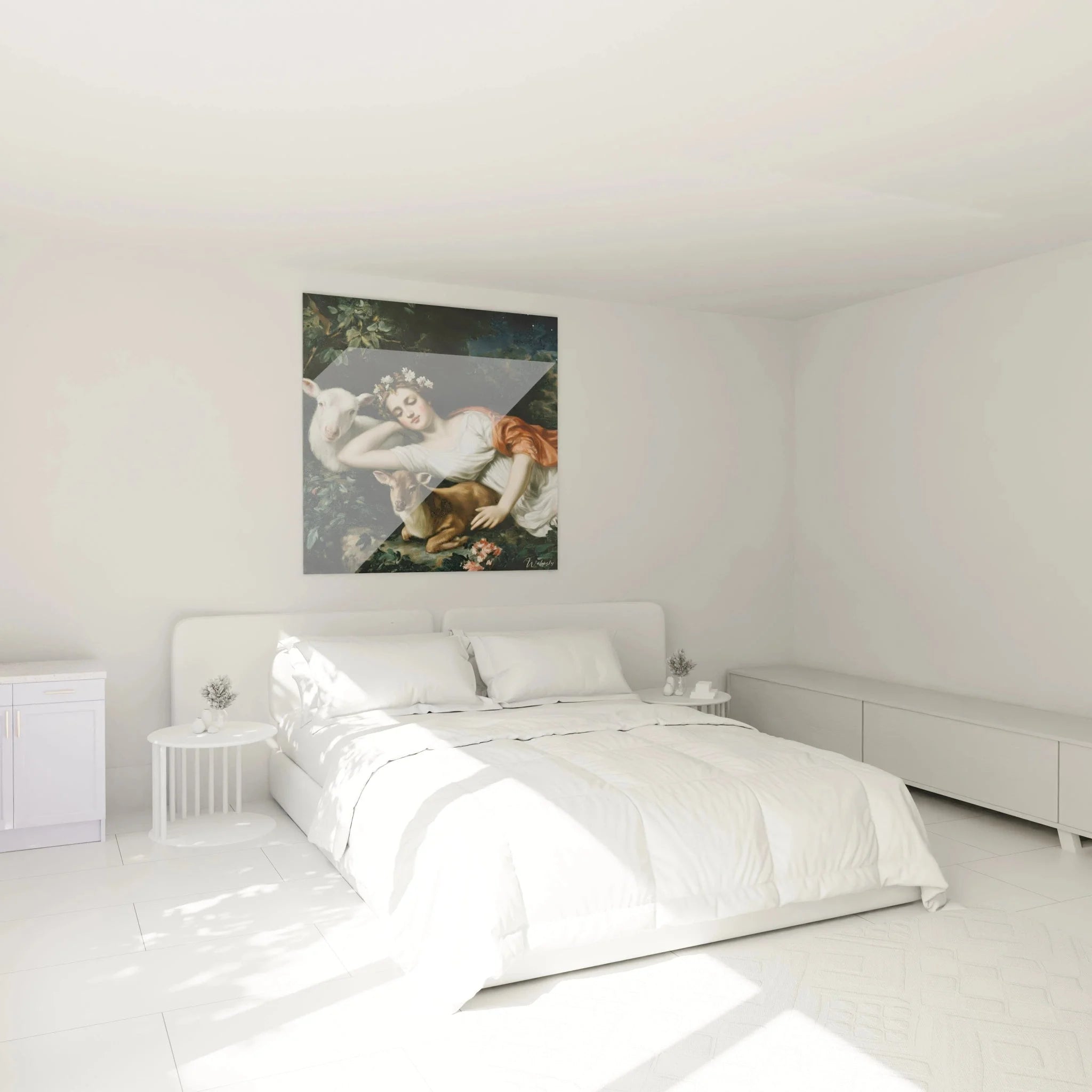 Wandbild XXL Göttin mit Kälbern in elegantem Schlafzimmer, neoklassische Wanddekoration