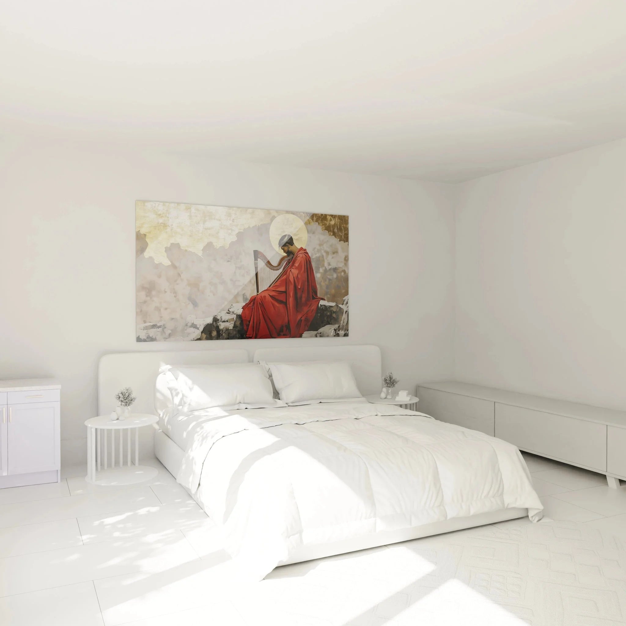Wandbild XXL Harfenspieler Heiligenschein in Schlafzimmer Ambiente, klassische Wanddekoration Ingres