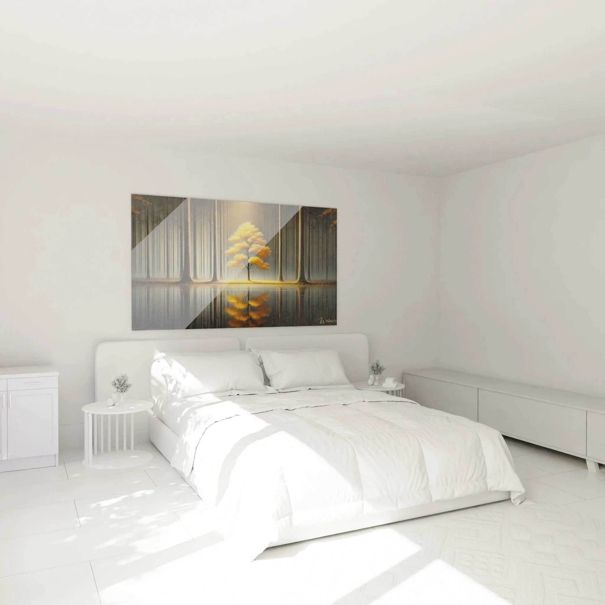 Wandbild XXL Herbstbaum in modernem Schlafzimmer als stilvolle Wanddekoration