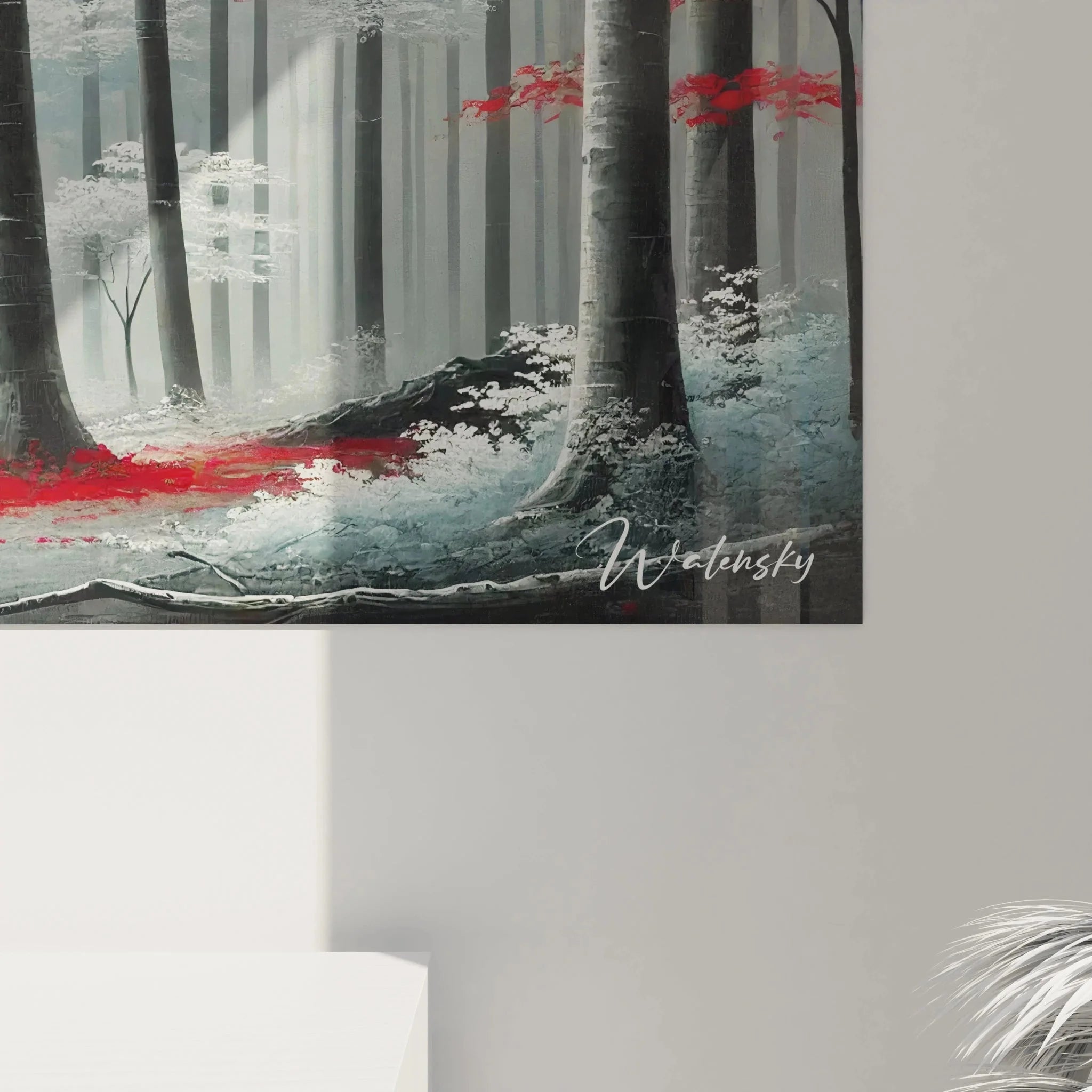 Gesamtansicht Wandbild XXL Herbstwald, mystischer roter Wald mit Nebel und Bäumen