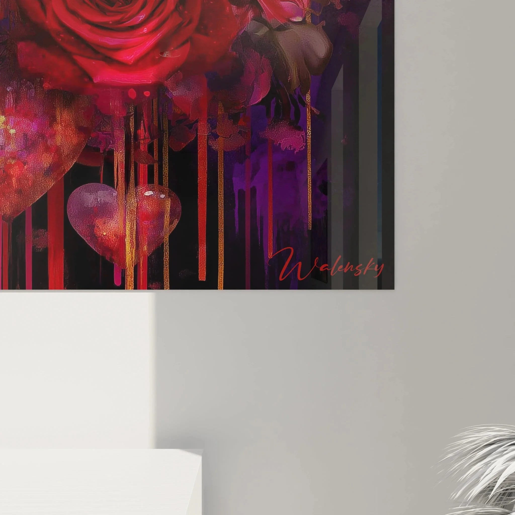 Gesamtansicht des romantischen Wandbild XXL Herzen mit Rose vor dunklem Hintergrund in Valentinstag Edition