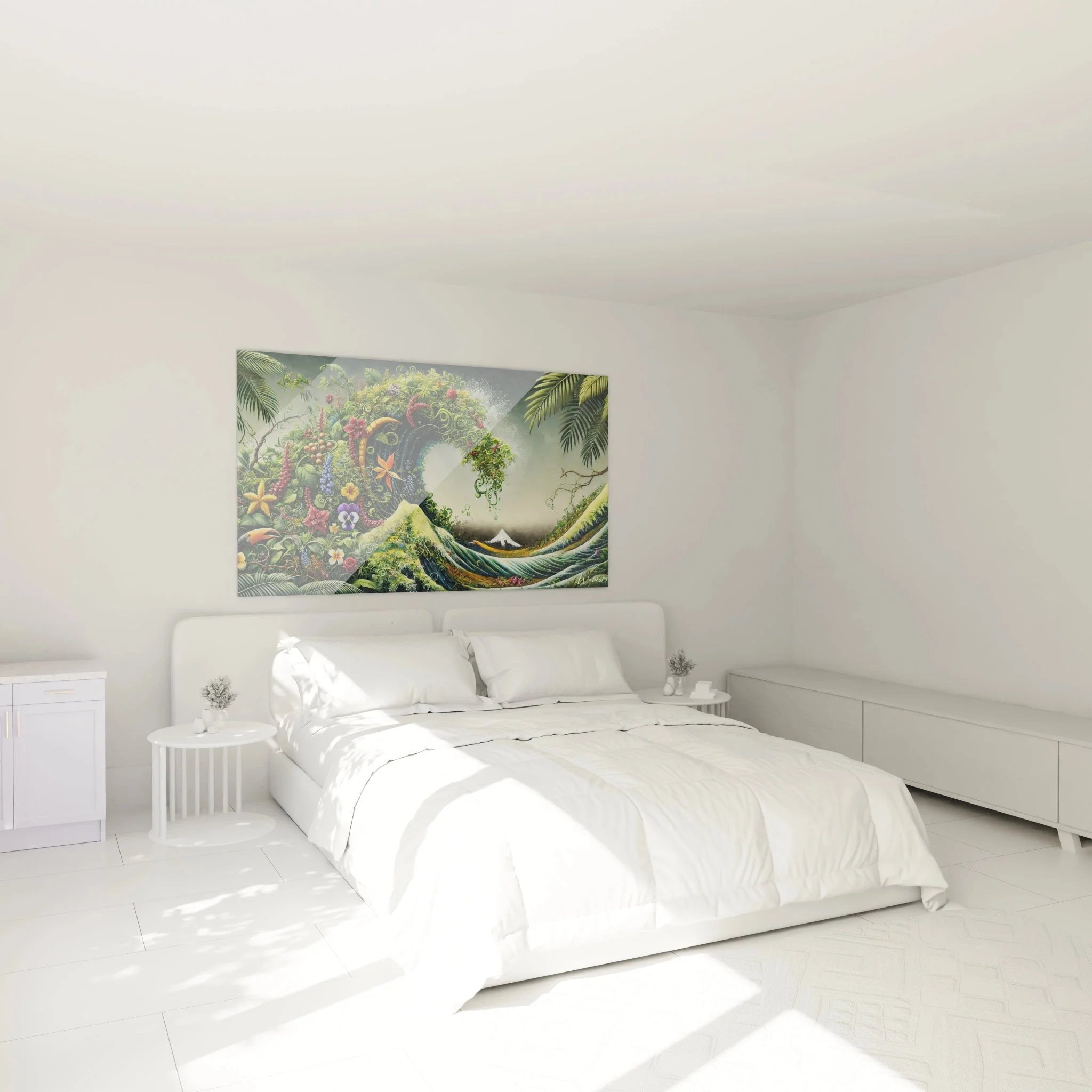 Tropisches Wandbild XXL Große Welle als Dekoration im modernen Schlafzimmer