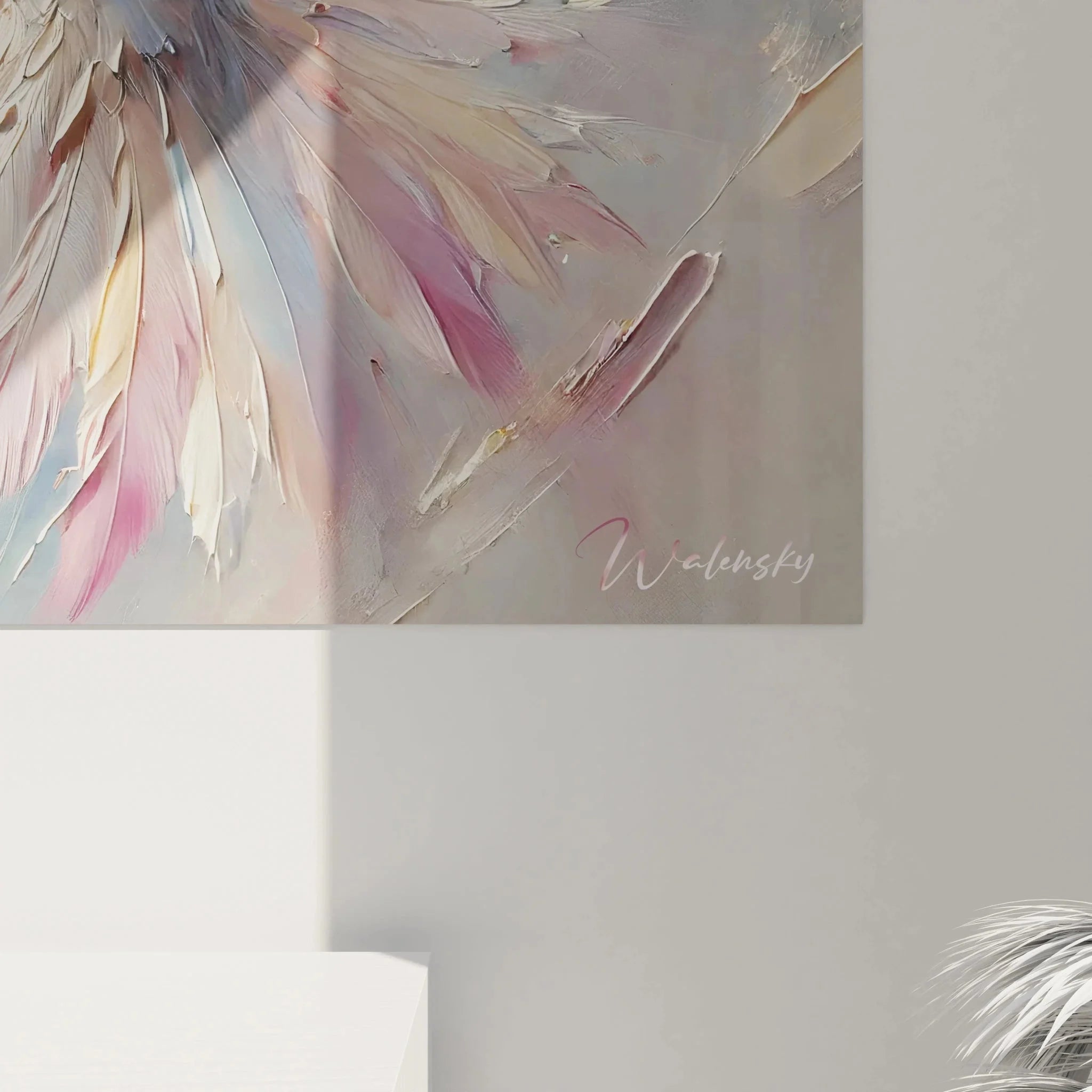 Gesamtansicht Wandbild XXL Kolibri mit radialem Bewegungsmuster in modernem Wohnambiente