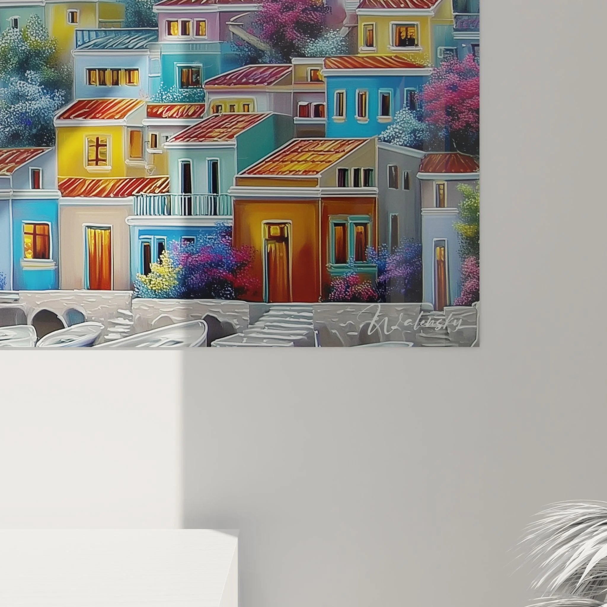 Komplettansicht Wandbild XXL Küstendorf - mediterrane Seelandschaft mit Sonnenuntergang