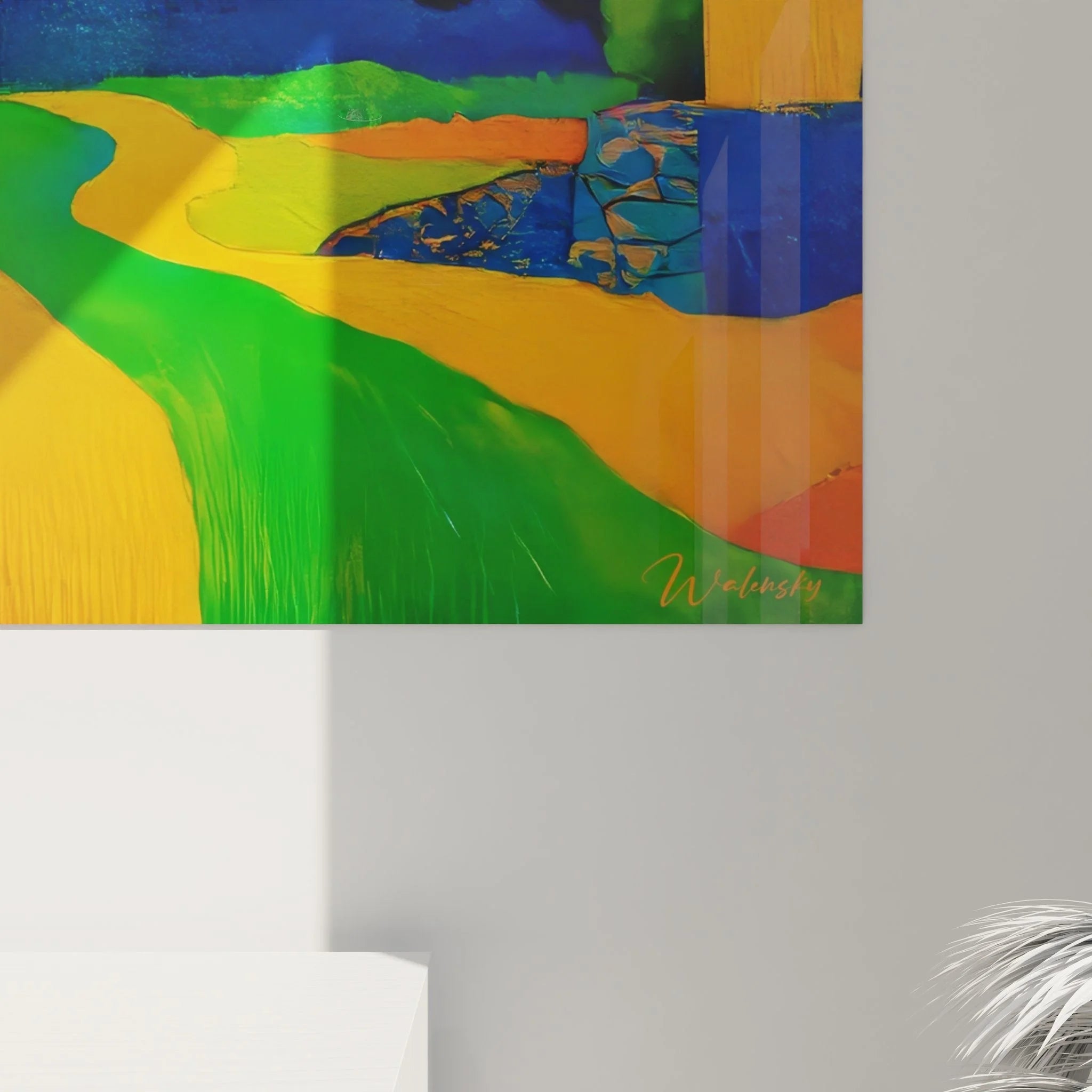 Gesamtansicht XXL Wandbild Hügellandschaft - moderne Landschaftskunst in Orange Grün Blau Tönen