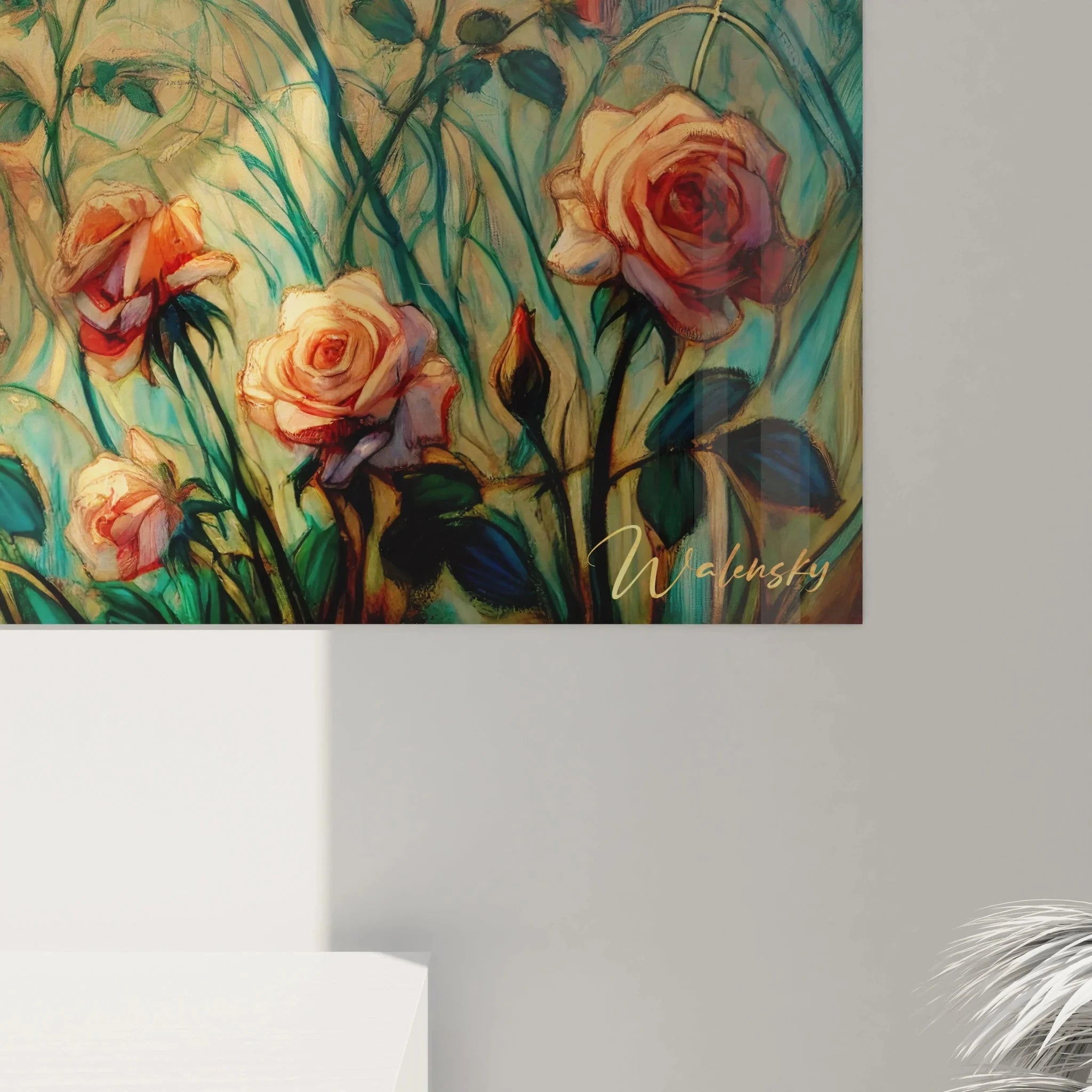 Gesamtansicht Wandbild XXL romantisches Liebespaar im Rosengarten mit expressionistischem Himmel