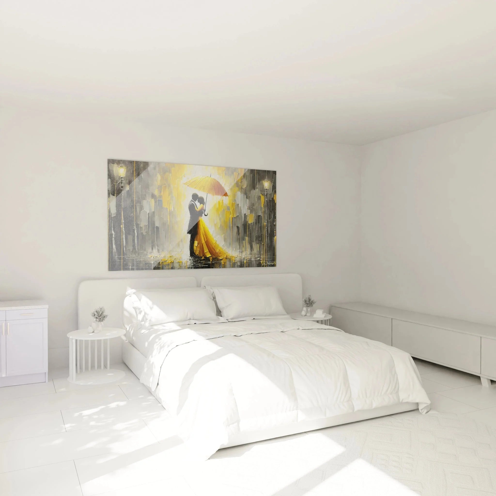 Wandbild XXL Liebespaar Regen in modernem Schlafzimmer über Bett romantische Atmosphäre