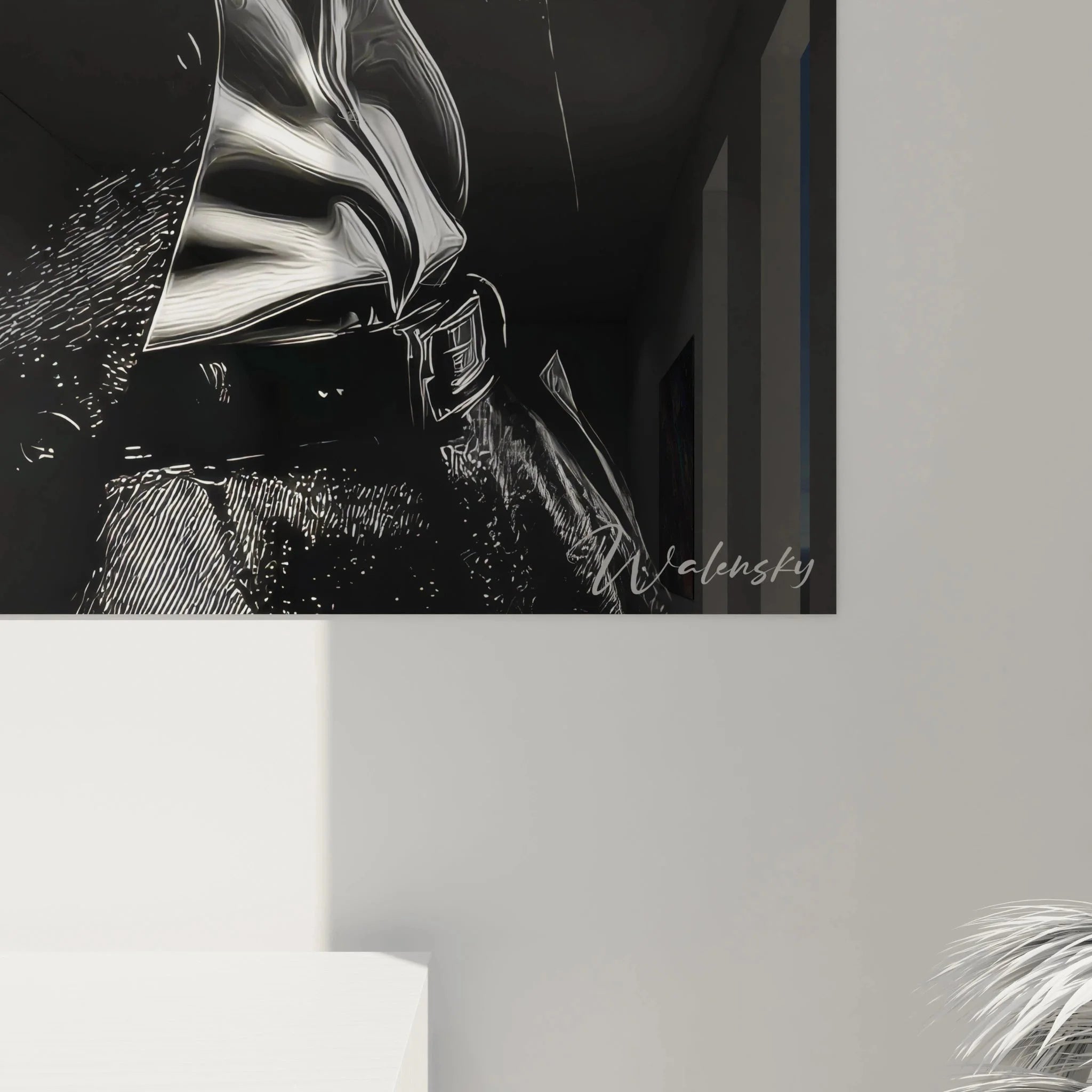 Gesamtansicht Wandbild XXL Mann im Anzug schwarz-weiß moderne Wandkunst elegante Herrenmode Dekoration