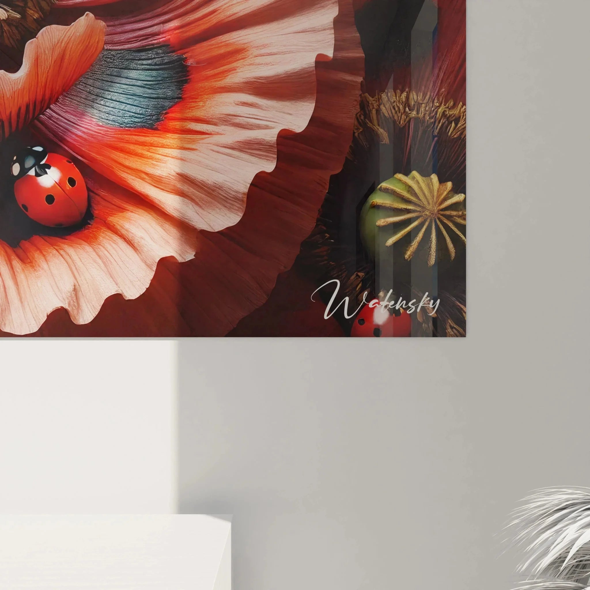 Gesamtansicht Wandbild Marienkäfer Mohnblüten, künstlerische Naturdarstellung in Rot