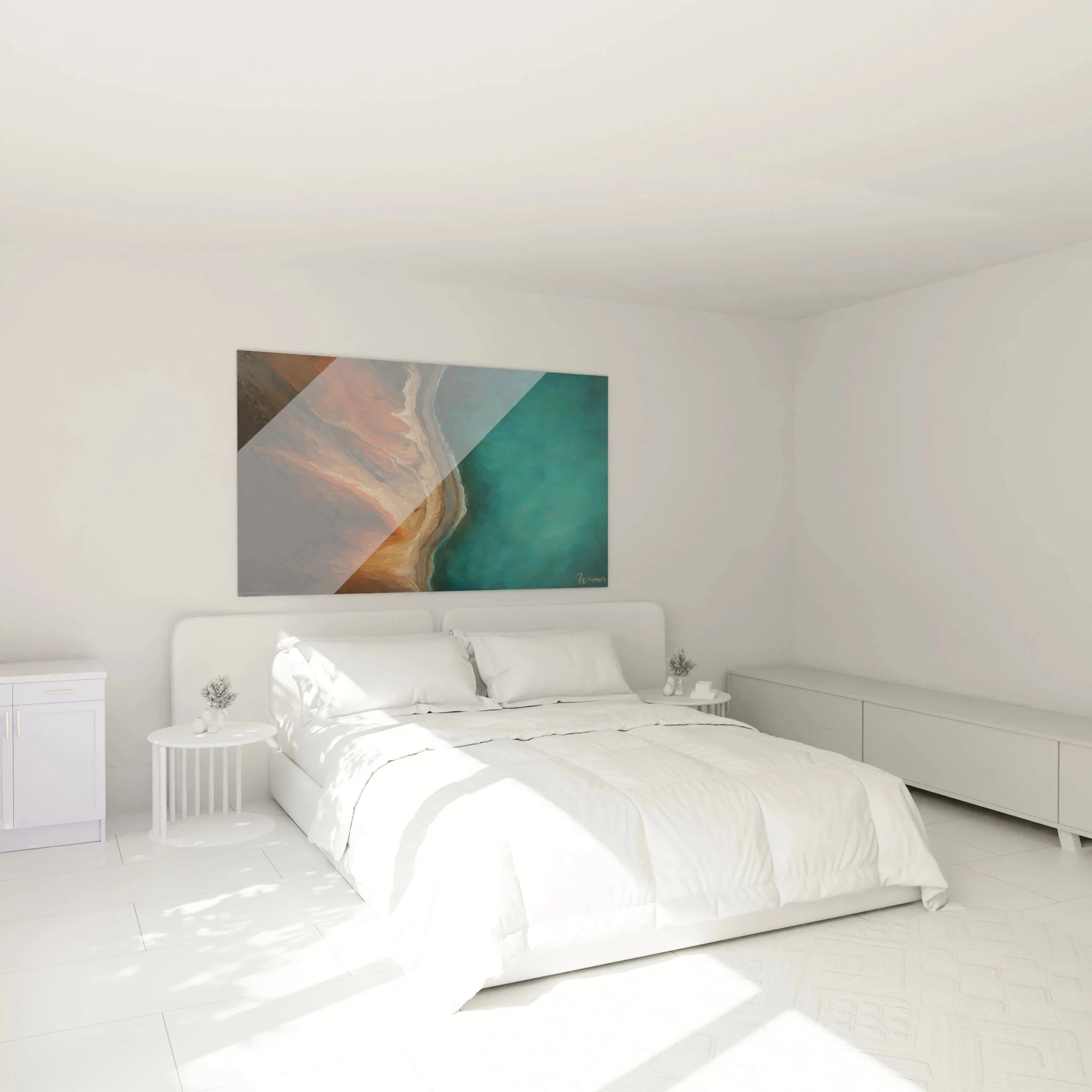 Wandbild XXL Meeresblick Küstenlinie im Schlafzimmer als stilvolle Wanddekoration über dem Bett