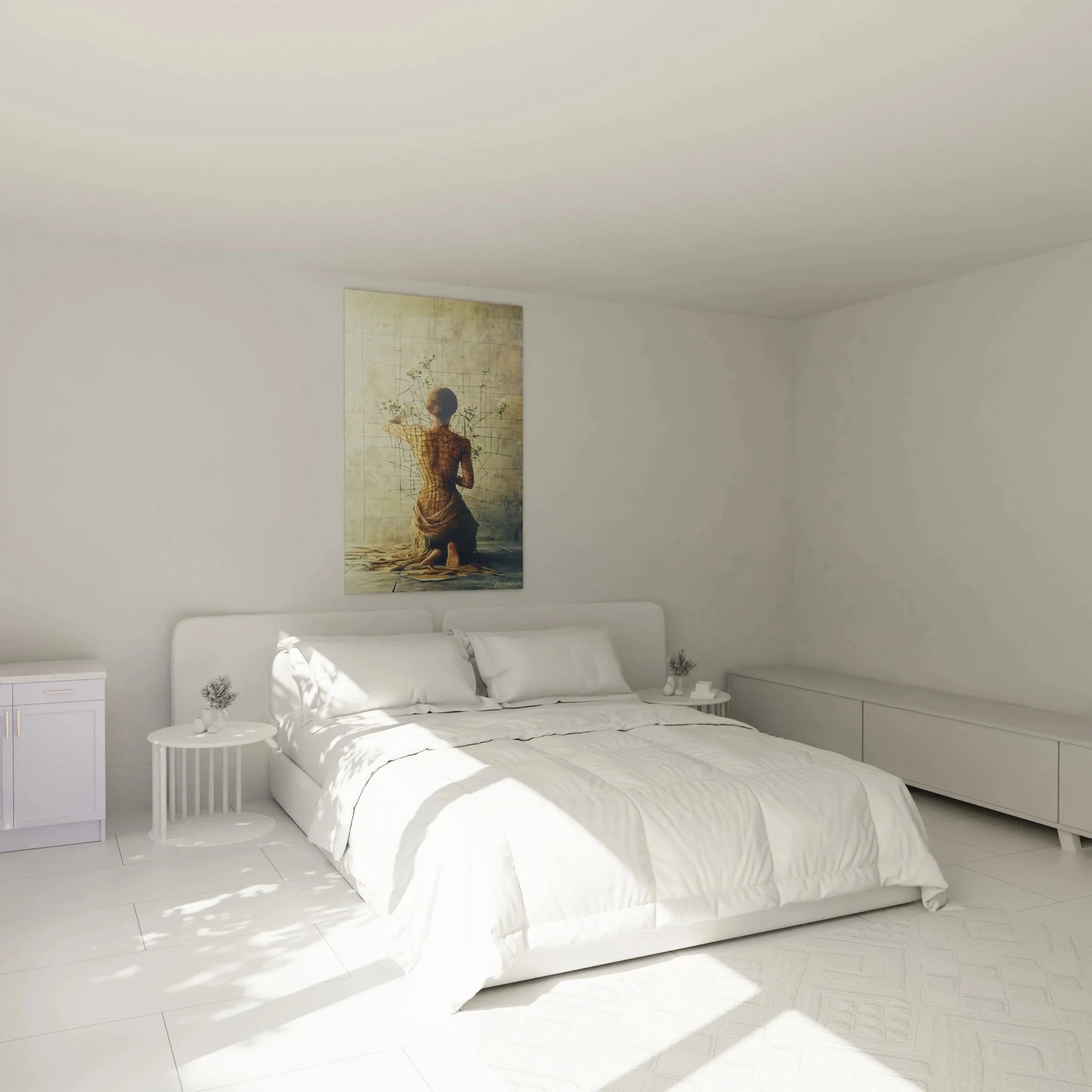 Wandbild XXL Metamorphose in modernem Schlafzimmer - surreale Kunst als Wanddekoration