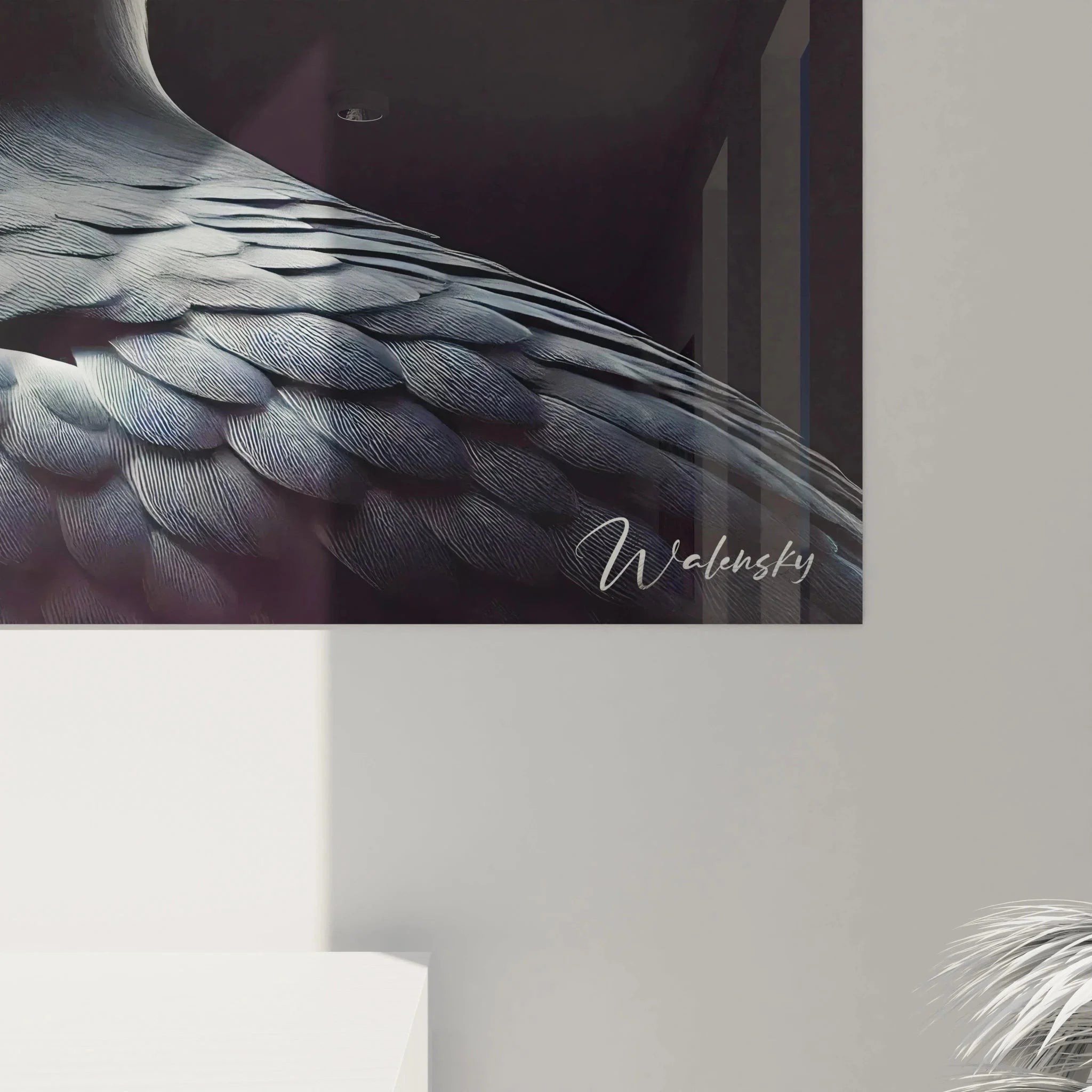 Gesamtansicht Wandbild Möwe XXL - Komplette Darstellung des majestätischen Seevogels vor urbaner Kulisse