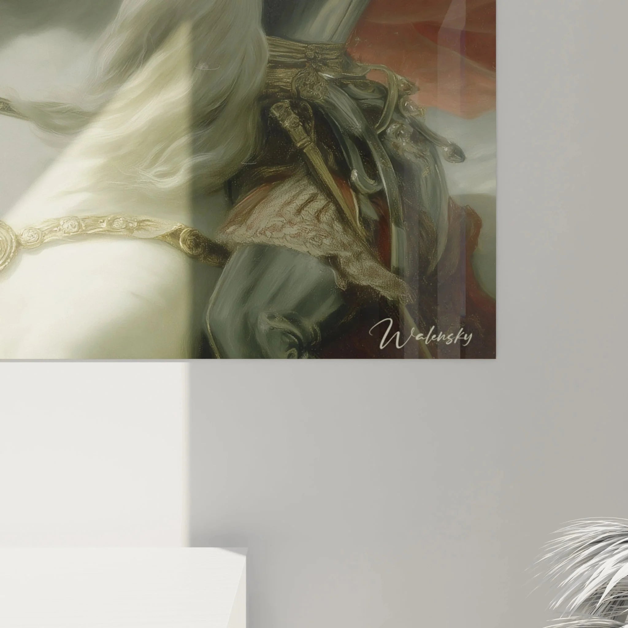 Gesamtansicht napoleonisches Wandbild XXL in modernem Wohnraum, klassische Militärkunst als Wanddekoration