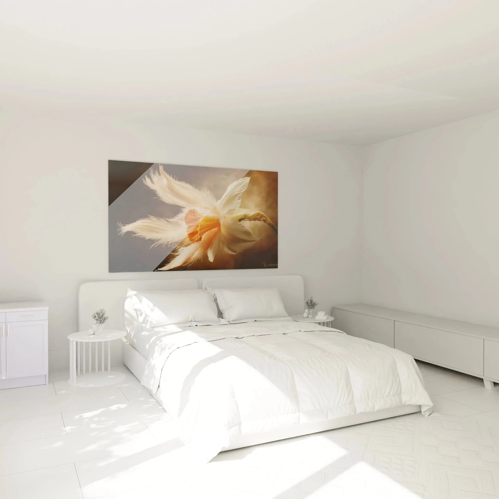 Wandbild XXL Narzisse Schlafzimmer Ambiente moderne Blumenkunst goldene Frühlingsblüte Wanddekoration