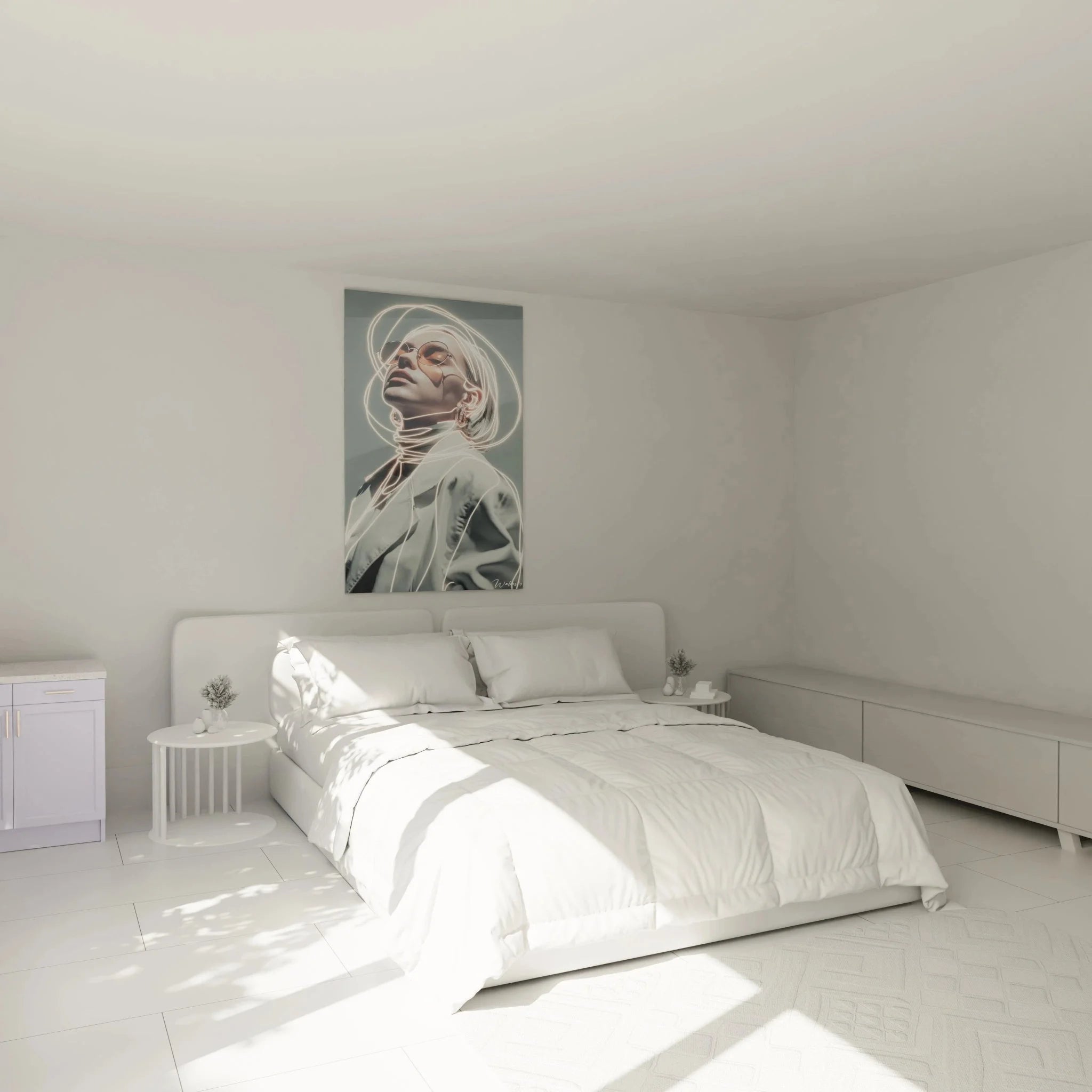Futuristisches Modeillustration Wandbild XXL in modernem Schlafzimmer mit Neon Portrait