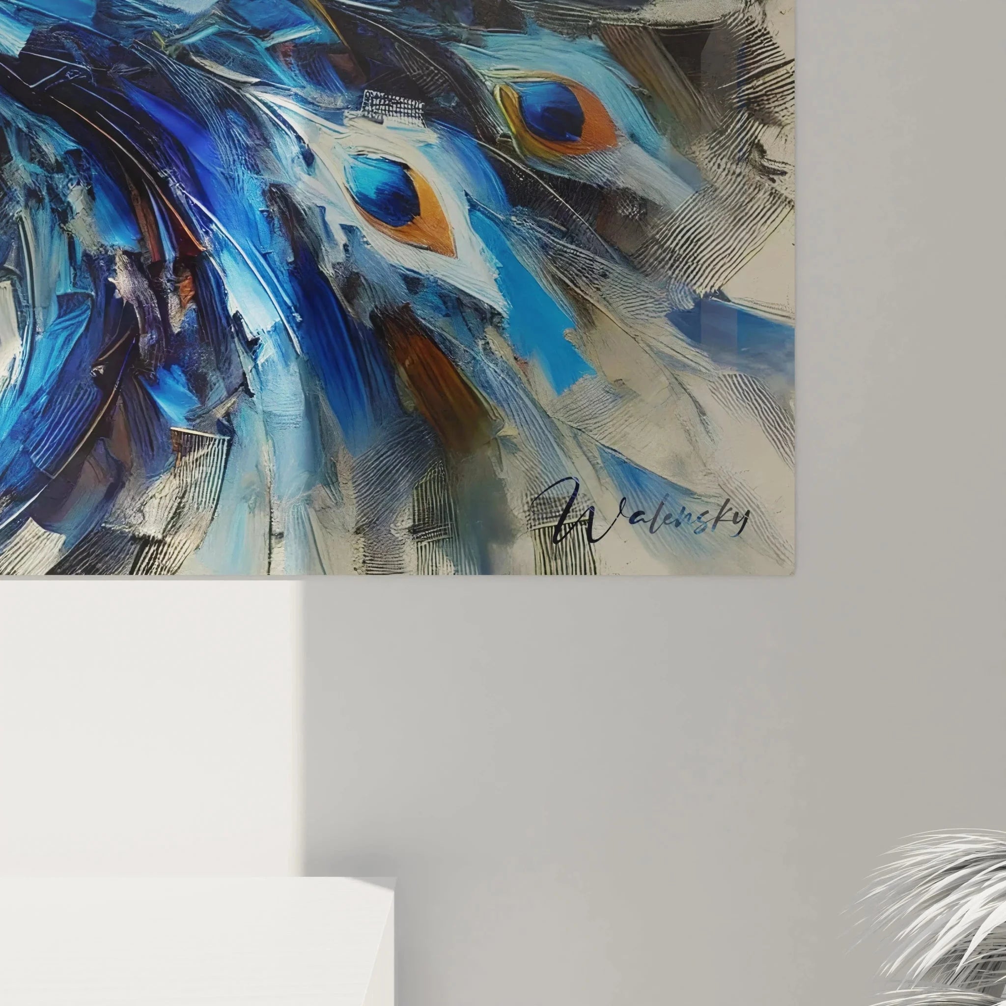 Gesamtansicht majestätisches Pfau Wandbild XXL in expressionistischer Maltechnik